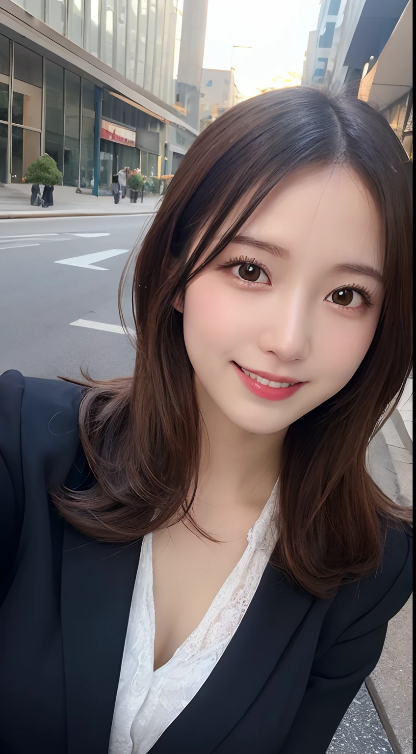 masutepiece, Best Quality, Illustration, Ultra-detailed, finely detail, hight resolution, 8K Wallpaper, Perfect dynamic composition, Beautiful detailed eyes, doress,Medium Hair, Big breasts, Natural Color Lip, Random and sexy poses,Smile,Aoyama Street Walk、20 years girl