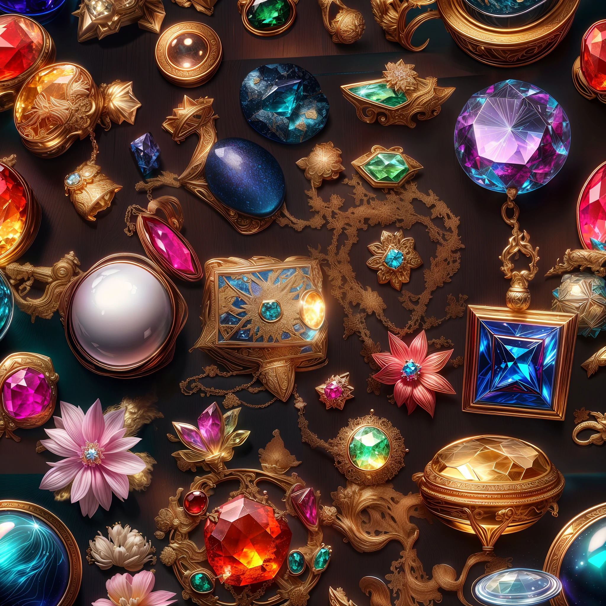 (food style: 1.2), (Full Focus: 2), (Everything in Display Cabinet: 1.3), (Magic Items | Colorful Gems | Cherry Blossoms | Printed Silk Products | Medals | Ores | Obsidian | Pearl | Emerald | White Jade | Amethyst | Sapphire | Gold Products | Silver Products | Purple Gold | Magical Jewelry | Antiques | Ruby | Orange Gem | Blue Gem | Topaz |: 2), Magic Symbols, Magic Particle Effects, High Tech Luxury, High Value Jewelry, High Value Metal, Luxury items, no puzzles, detailed and complex backgrounds, sparkling, reflective light, ultra high definition, award-winning, a high-resolution, high detail texture, contrast between light and dark, cinematic lighting, masterpieces, ray tracing, structurally correct, super details, high-quality, high detail, best quality, 16k