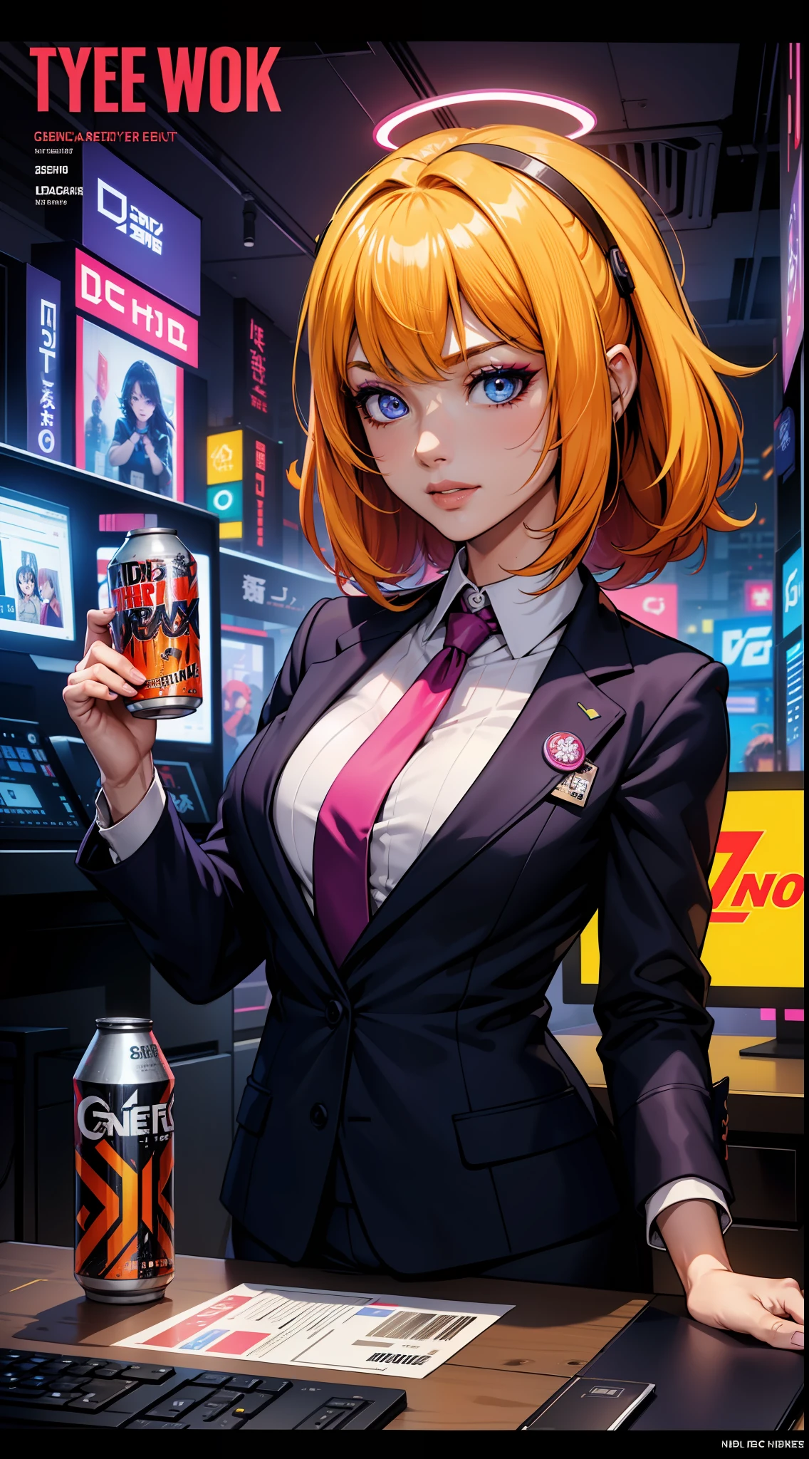 8k、high-level image quality、One man、systems engineer、overtime、Energy Drinks、Energy drinks、Neon Street、TOKYOcty、s Office、personal computers、keyboard、Cable cyberpunk、Vivid Color、Shadows are vivid colors、Clear expression、Clear eyes and nose、salaryman、officeworker、near future、Surrounded by liquid crystals、toil、neck tie、jaket、Clear contour lines、8K、Clear facial parts、Face is clearly visible、Employee ID card hanging from the neck、Anime Touch、Comic style、digital、Electromechanical、Acrobatic regime、Movie poster style、Vivid Color、Pop design、businessman、Shadows are vivid colors、Energy Drink、Cans of energy drinks are scattered、Capsule-type drug is placed on the tongue、Capsule-shaped drugs are scattered、Psychedelic colors、Psychopaths、The halo is pointing、God、Deities々Right、Vivid color for the entire screen、Clown makeup