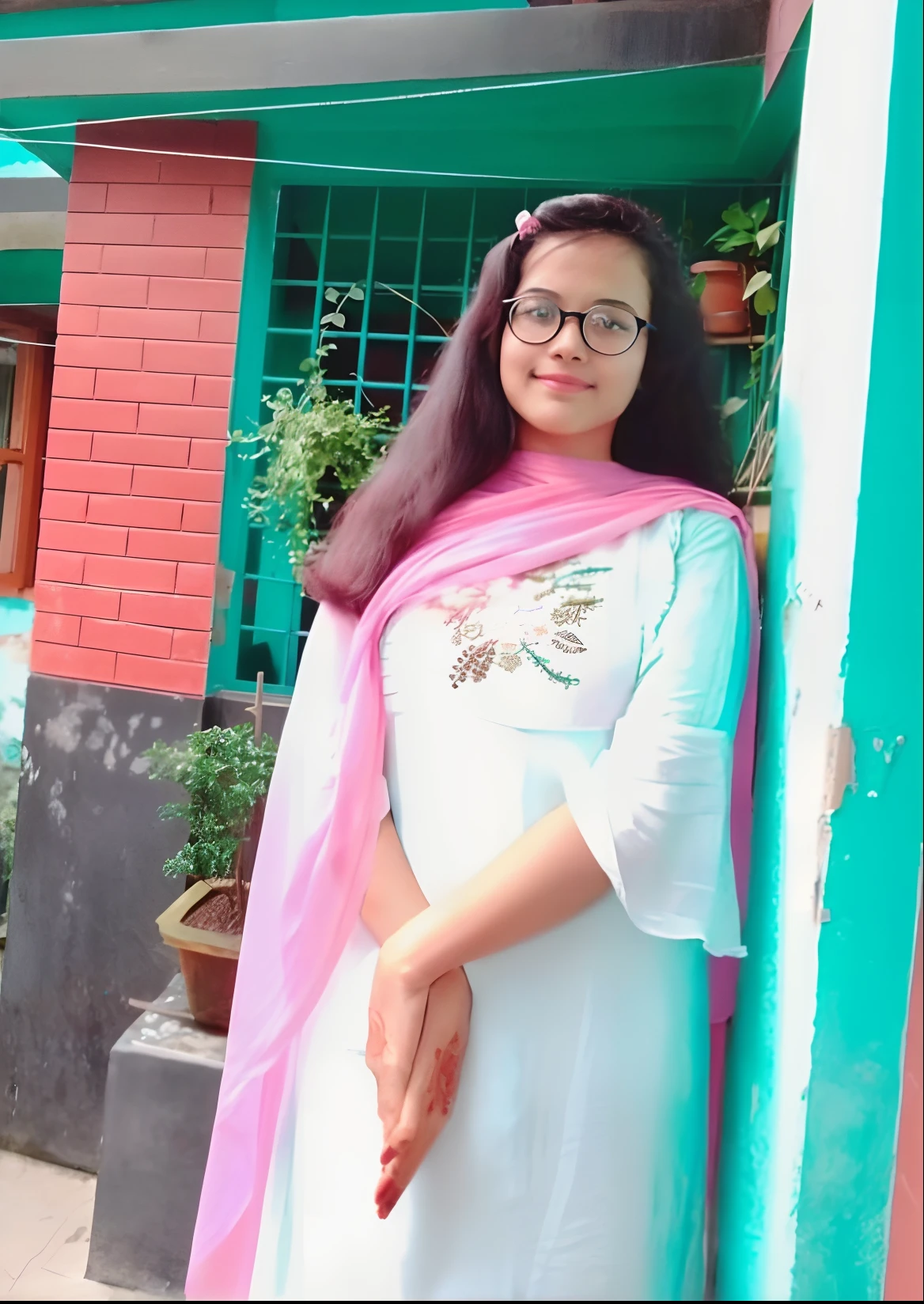 woman in white dress standing in front of a building with a pink scarf, assamese aesthetic, with lovely look, very very low quality picture, candid picture, portait photo profile picture, at college, photo taken in 2 0 2 0, taken in 2022, dressed with long fluent clothes, with accurate face, student, very clear picture, profile pic amine