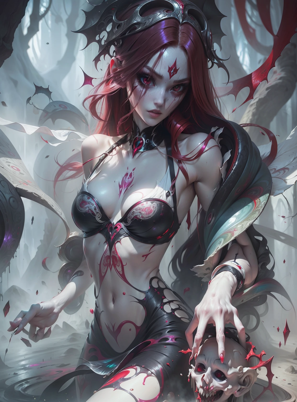 Masterpiece, Best Quality, Girls , Slender, red Eyes, Hair Color, Iridescent, Long Hair Spreading, White Skin, Medium, Cute, Sexy, ,horror , Bikini, Exposed Skin, Night, Psychedelic, Trip, Extreme Color, Paisley Theme, Legs, , Full Body