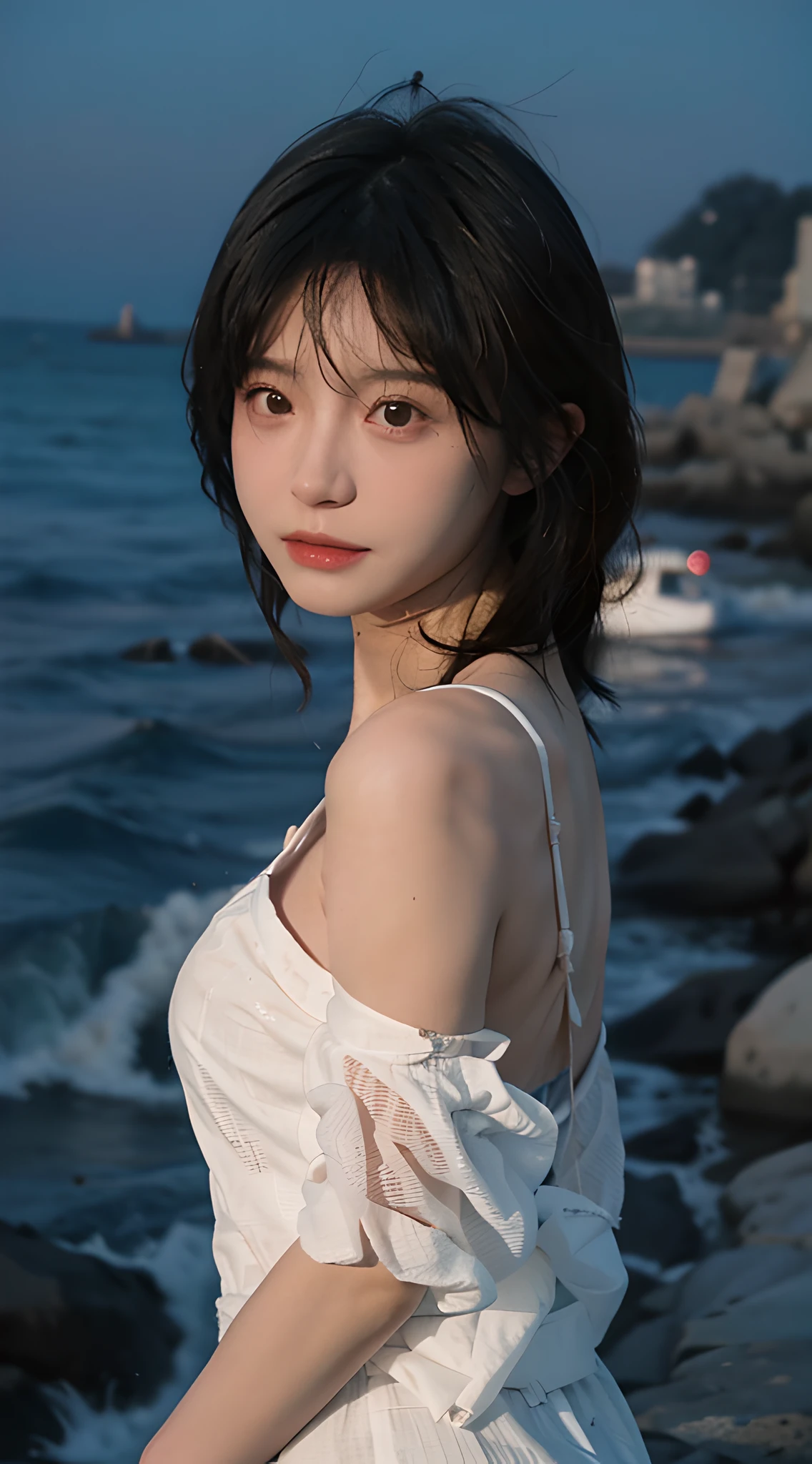 8K，the night，by the sea，Turn your back to the camera，best qualtiy，tmasterpiece，超高分辨率，（真实感：1.4），RAW photogr，（True skin texture：1.3），（filmgrain：1.3），（Selfie angle），1个Giant Breast Girl，Beautiful eye and face details，tmasterpiece，Best quality at best，closeup cleavage，The upper part of the body，Looking at the sea