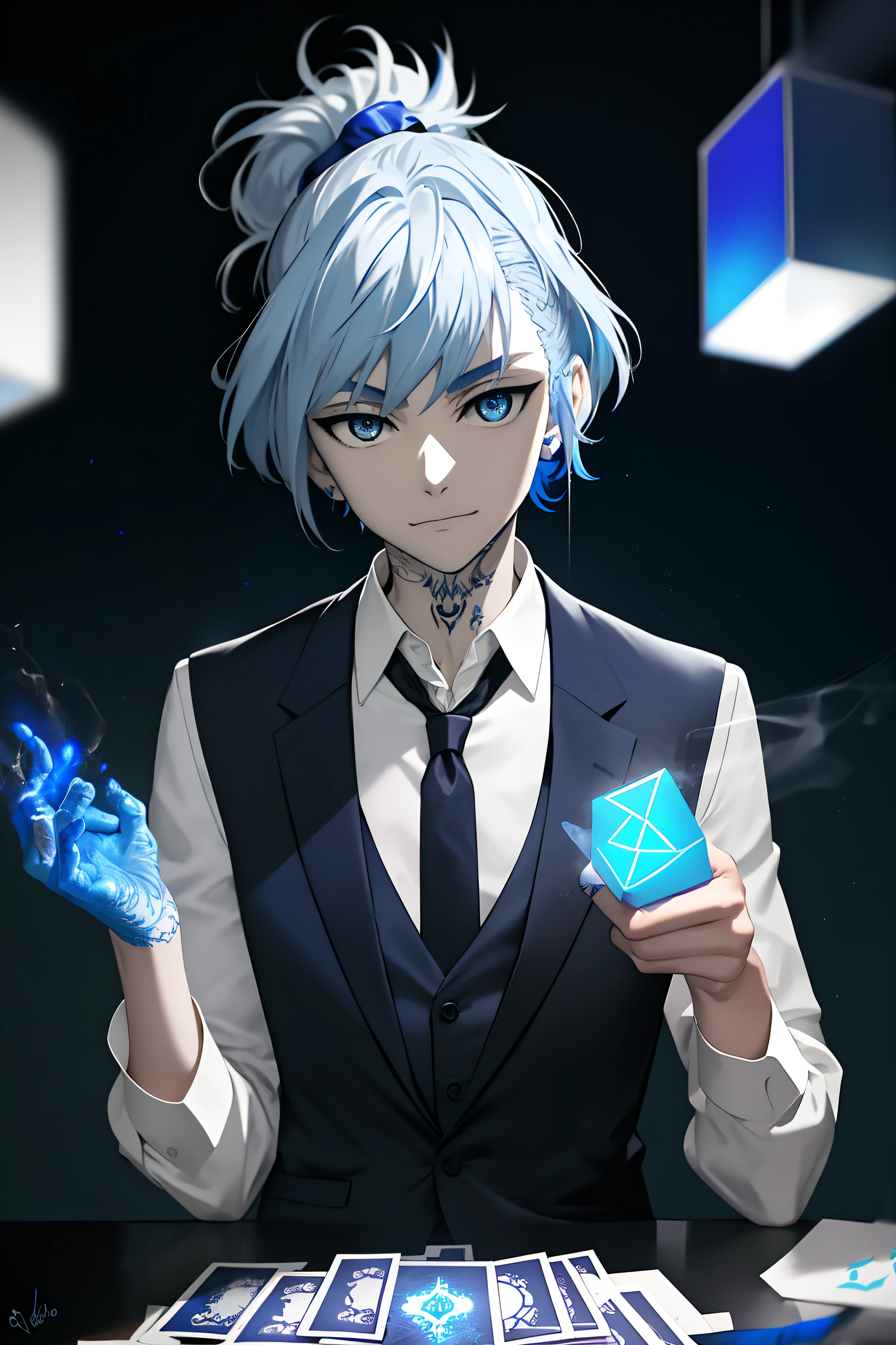 masterpiece, best quality, high quality, 1boy, solo, male focus, looking at cards, glowing neon joker cards on table, hand on face, holding neon cards, aguero_agnes_khun, blue hair, blue eyes, multicolored hair, ponytail, black vase suit , sleeves rolled up, loose tie, tattoos everywhere on body, smirk, blue and silver smoke, blue smoke, rays, flares, dust , futuristic fantasy world, mixing cards, smirking ,blue glowing cubes in background ,surrounding him, Intricately Hyper Detailed