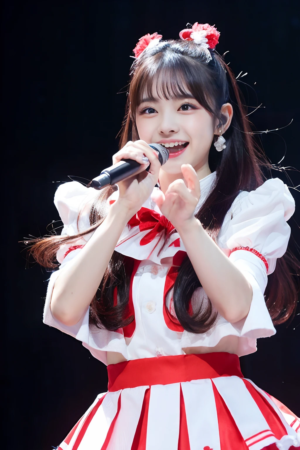 「NSFW」4k、high-detail、japanaese girl、Healthy skin、modeled、Fluttering Dresses、kawaii faces、Popular Japan idols with a smile、Big eye false eyelashes、(((Dancing and singing on stage)))、Lit up、jumpping、Korean adult idols、Mature costume、frills skirt