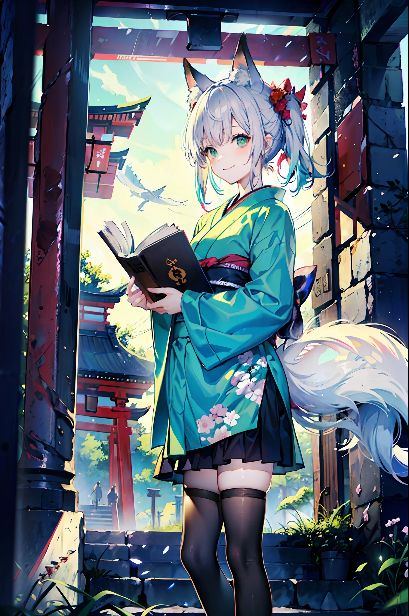 (jpn、Shrine 1.4)、PastelColors、The best illustrations、top-quality、Red torii gate、beauitful face、blurry backround、10 year old beautiful girl、shinny skin, (1The fox tail of the book grows:1.3)、Beautiful silver hair、short-hair、(poneyTail:1.2)、green colored eyes、Fox ears、hair adornments、Gentle smile、Curve、(Yukata robes 1.2)、a miniskirt、wearing kneesocks、