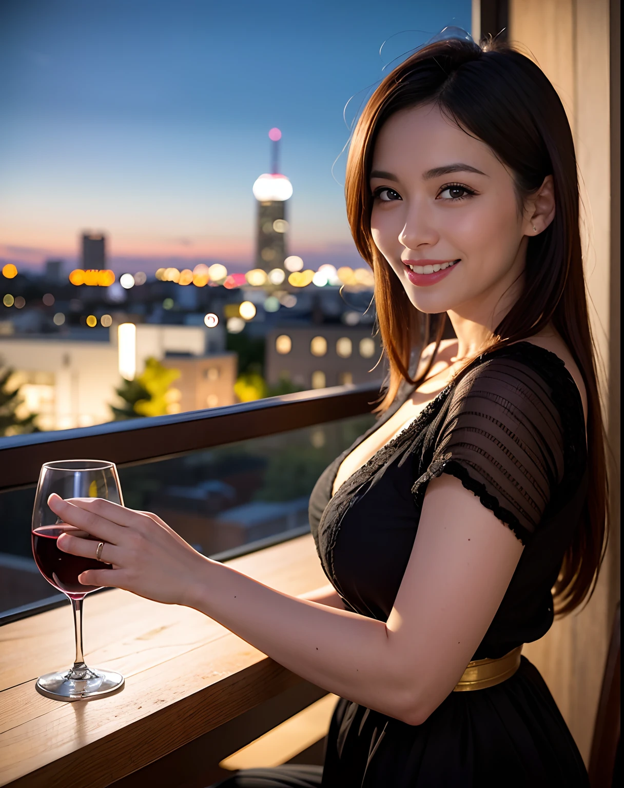 (64K, UHD, top quality, masterpiece: 1.2), (realistic, photorealistic: 1.37), super detailed, pretty woman 1 person, (slim face), (slim body), (brown hair), (short cut), cheeks slightly blushing, (44 years old), 38 years old, solo, beautiful detailed urban night view outside the window, restaurant, wine glasses sit, at night, in a prominent placeNovaFrogStyle, Actress, Model, Waist Up, White Wine, Slim, Wine Glass, Super Clean Night View, Wine Glass Put in the Middle, Happy Smile, (Smile: 1.15), Beautiful Fine Eyes, Upper Body, Bust Japan Up, Night, Short, Short, Actress, Model, Waist Up, White Wine, Slim, Wine Glass, Super Clean Night View, Wine Glass Put in the Middle, Happy Smile,