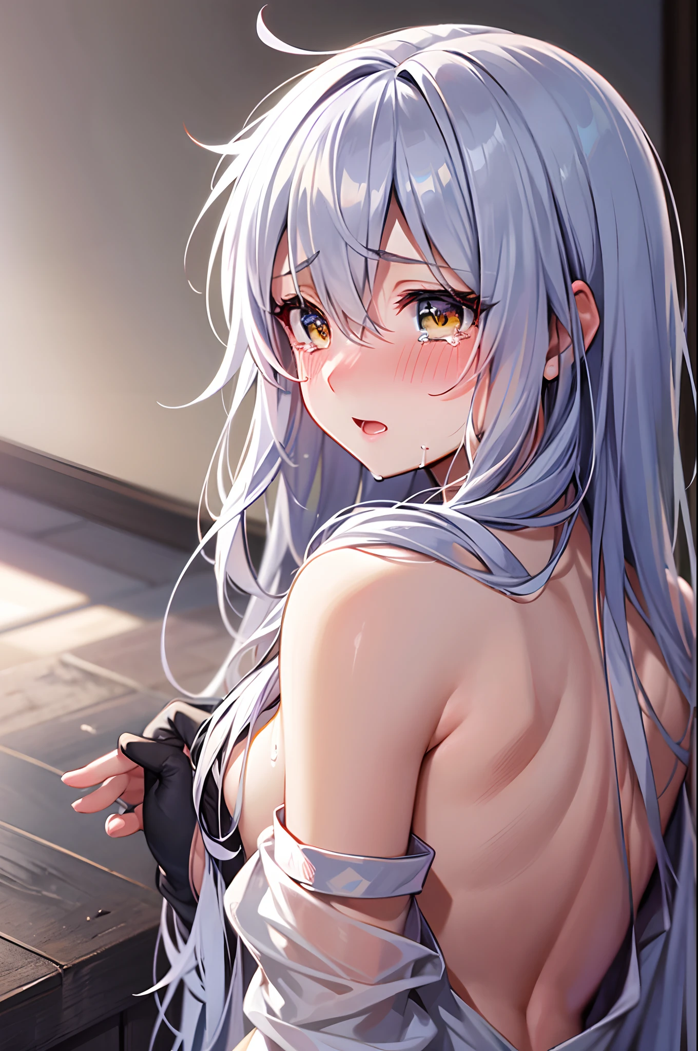 Best Quality, ultra-detailliert, Illustration, silber hair, Aimei,,embarrassed from,red blush,scratching your head,The long-haired,cute face,beutiful breast,turned around,s ass,backs,crying how bright,barechested
