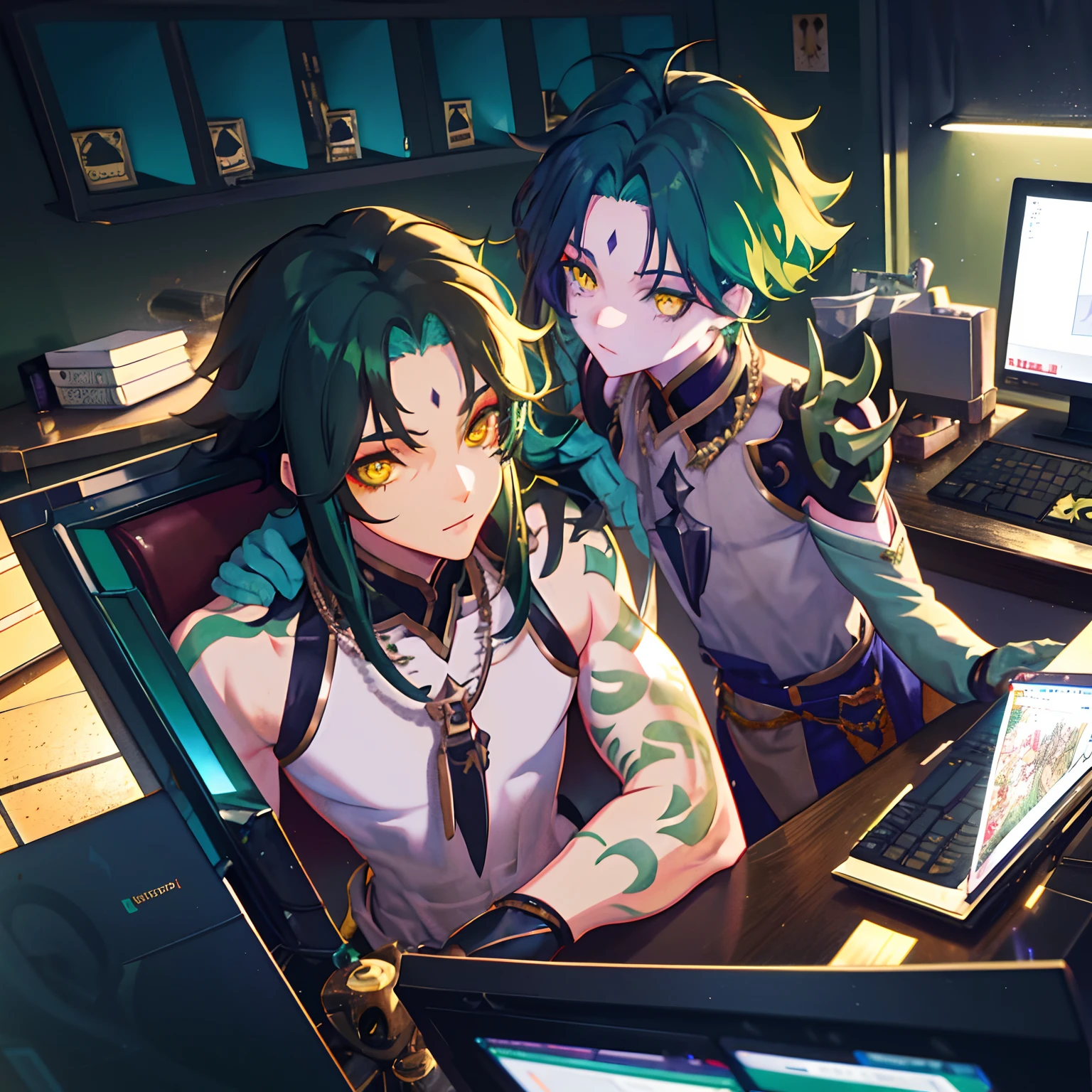 1boys，Dark green hair，Best quality at best，tmasterpiece，Extrem，yellow eyes，malefocus，beautidful eyes，In a messy room，At the computer desk
