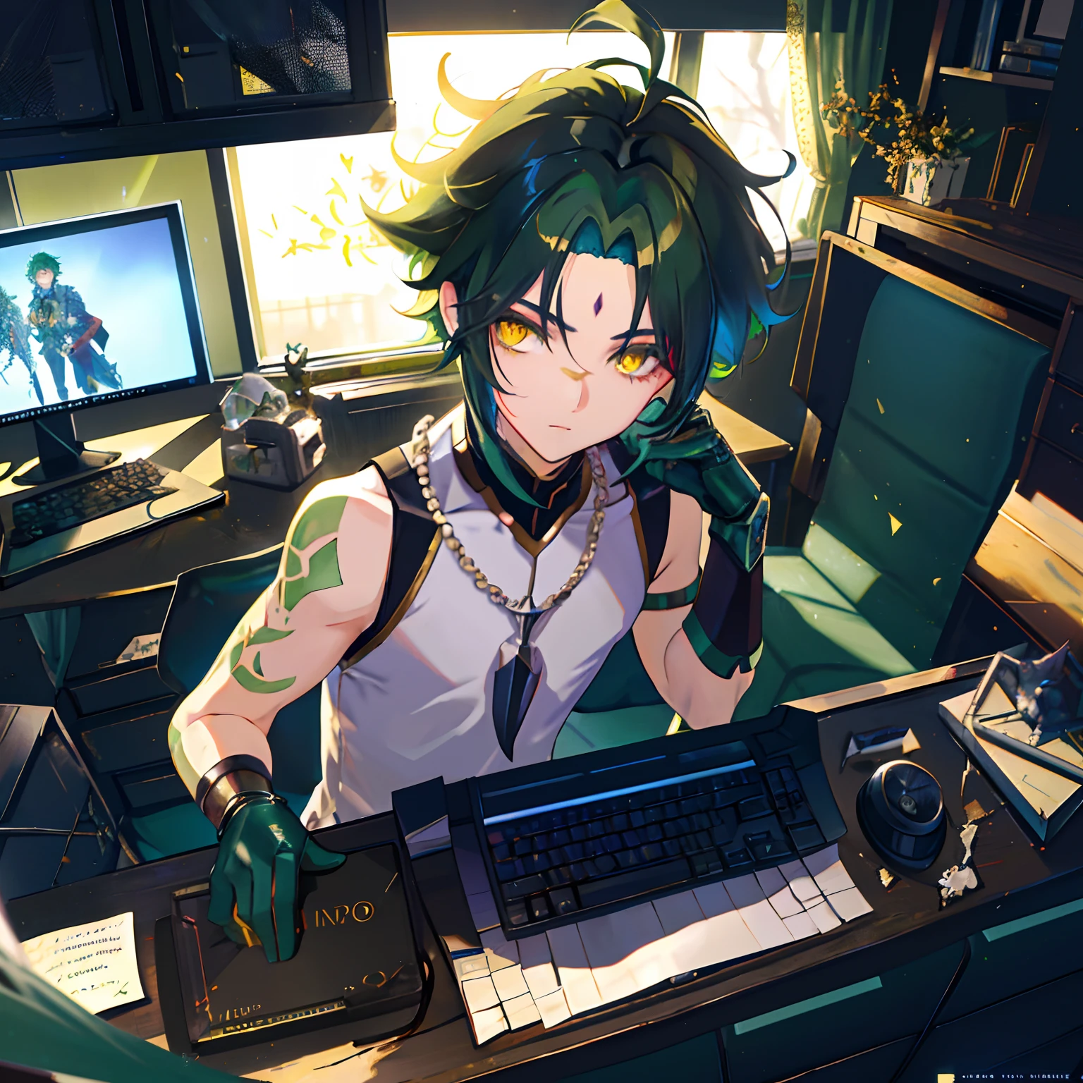 1boys,Dark green hair,Best quality at best,tmasterpiece,Extrem,yellow eyes,malefocus,beautidful eyes,In a messy room,At the computer desk
