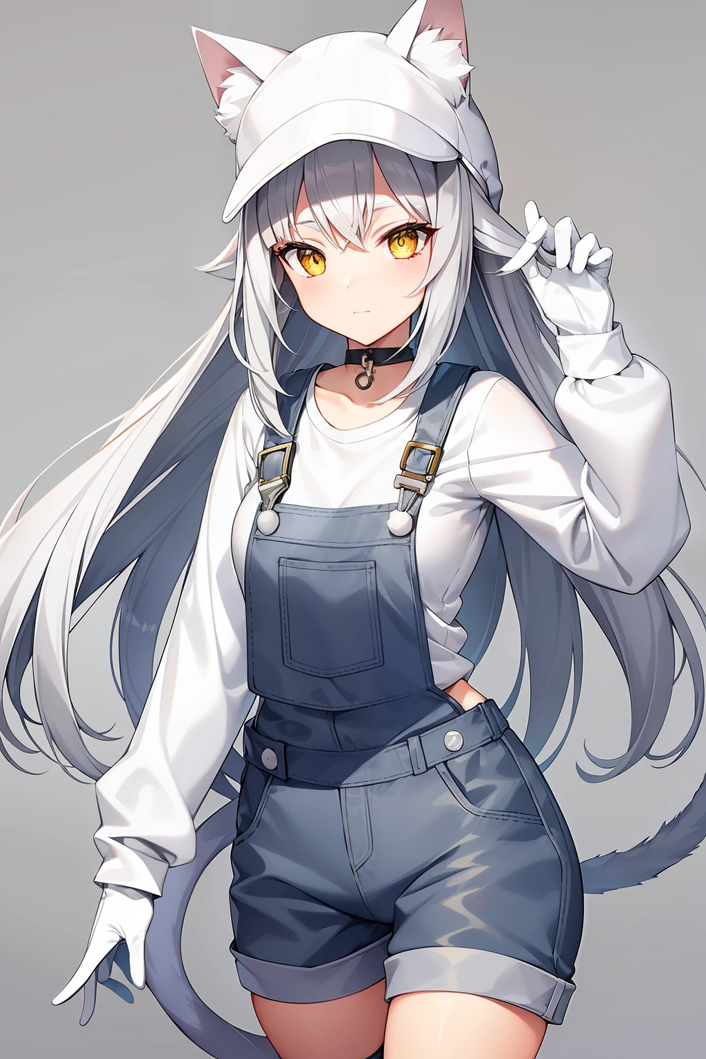 a gray haired cat girl with a cat tail wearing a white cat hat, gray shirt, white TECHNO overalls, long gray gloves, long gray boots and a cute face, no human ears, medium breasts, wink, yellow eyes and gray background