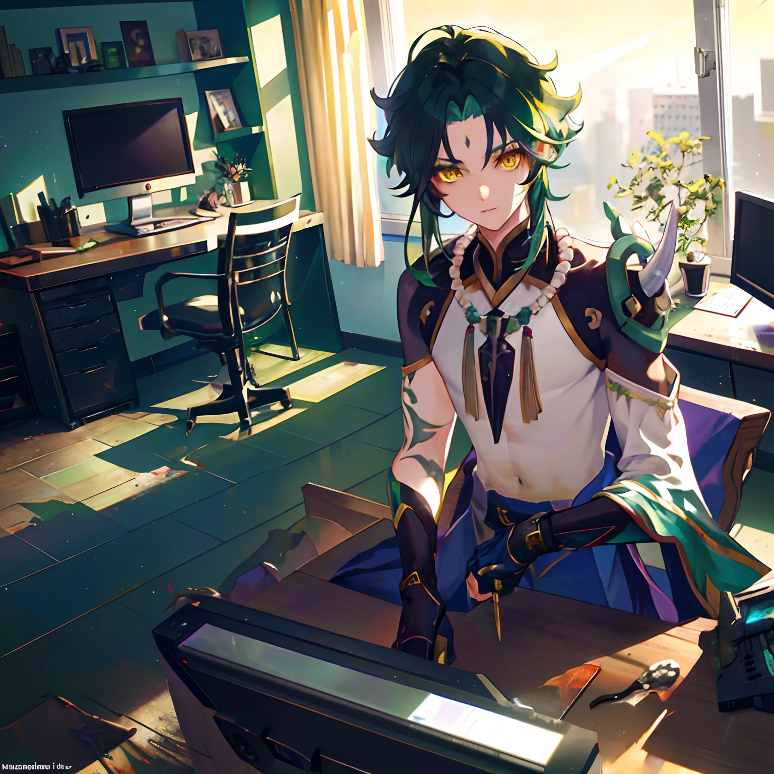 1boys，Dark green hair，Best quality at best，tmasterpiece，Extrem，yellow eyes，malefocus，beautidful eyes，In a messy room，At the computer desk