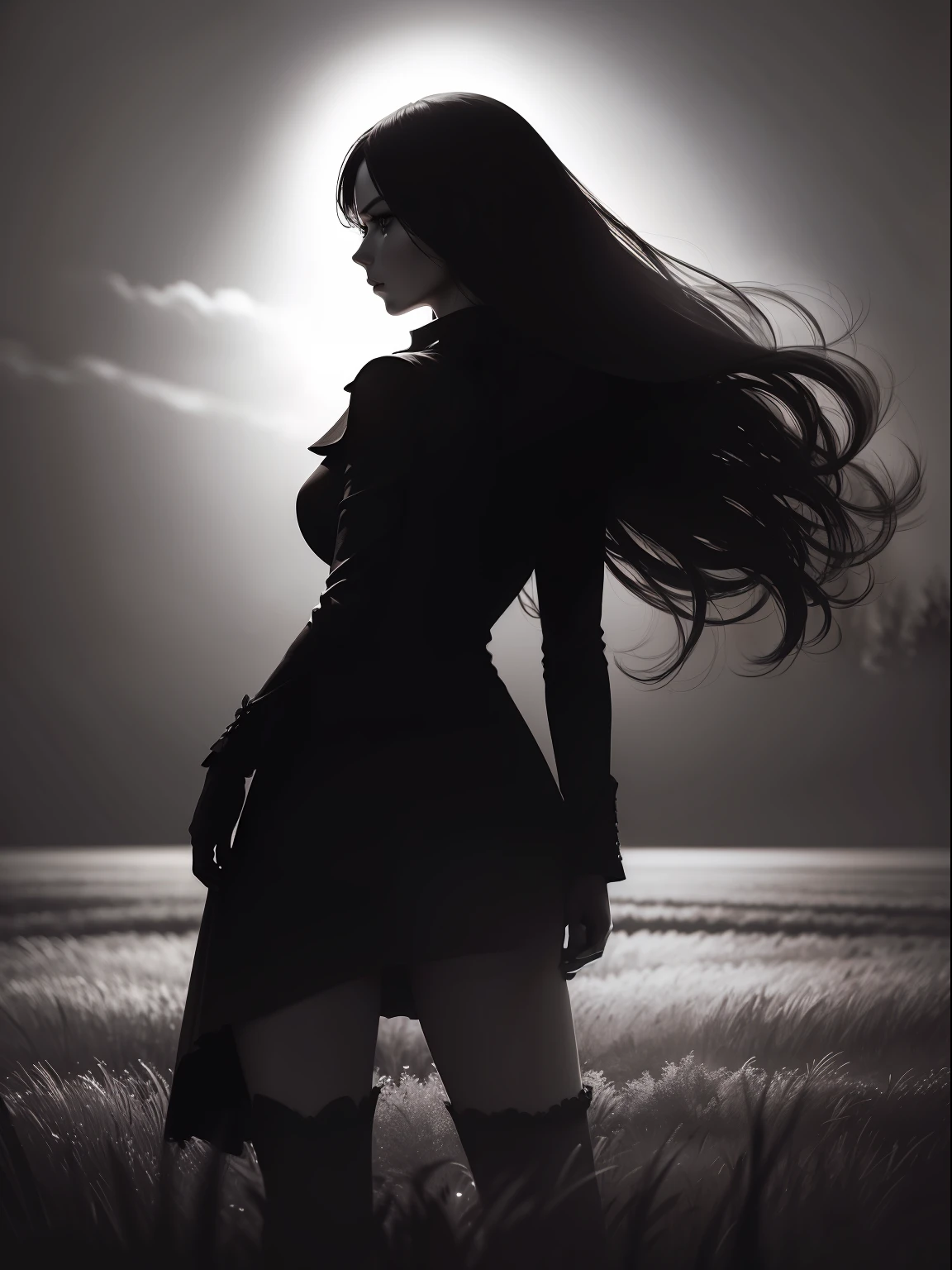 (Dark photography, silhouette), (a female standing at the field at night), dynamic pose, wide view shot, ambient lighting, photo realism, monochromatic, intricate face detail, intricate hand details, highly detailed, high definition, --style raw