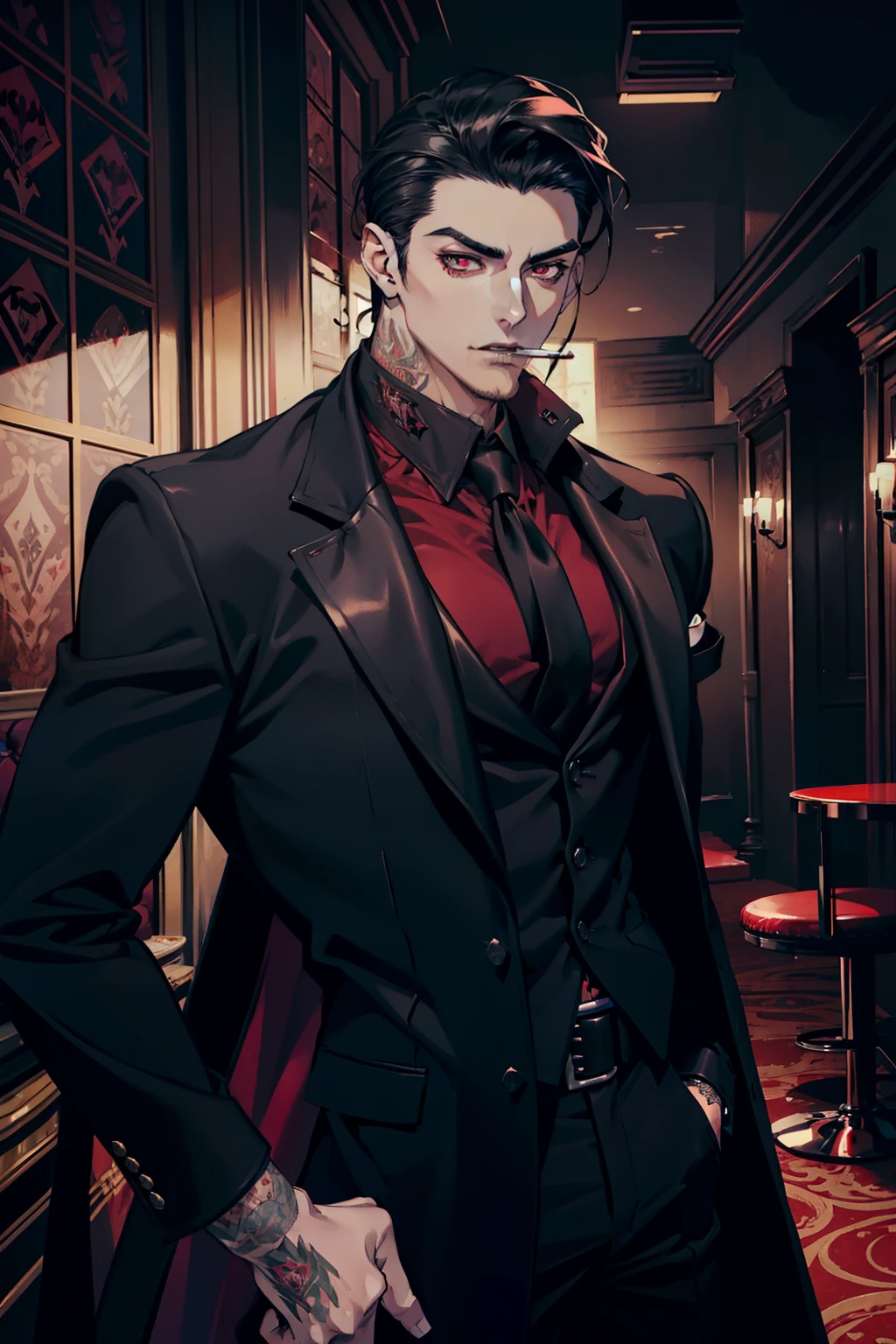 Male Mafia Noir Gambling Vampire dominant alpha gay couple macho sexy handsome demon old men with tattoos big chest big abs slicked back hairstyle smoking red eyes charisma unbutton outfit with abs goth perfect face structure detailed stylized black leather coat