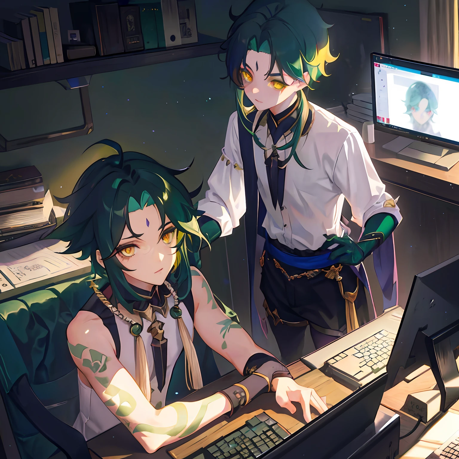 1boys,Dark green hair,Best quality at best,tmasterpiece,Extrem,yellow eyes,malefocus,beautidful eyes,In a messy room,At the computer desk
