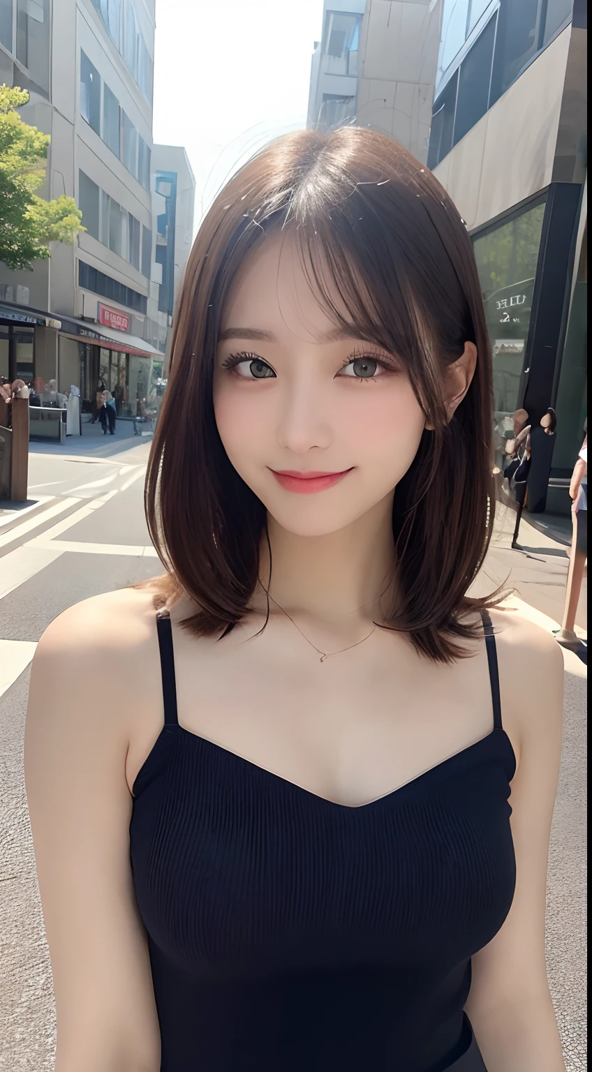 masutepiece, Best Quality, Illustration, Ultra-detailed, finely detail, hight resolution, 8K Wallpaper, Perfect dynamic composition, Beautiful detailed eyes, doress,Medium Hair, Big breasts, Natural Color Lip, Random and sexy poses,Smile,Aoyama Street Walk、20 years girl