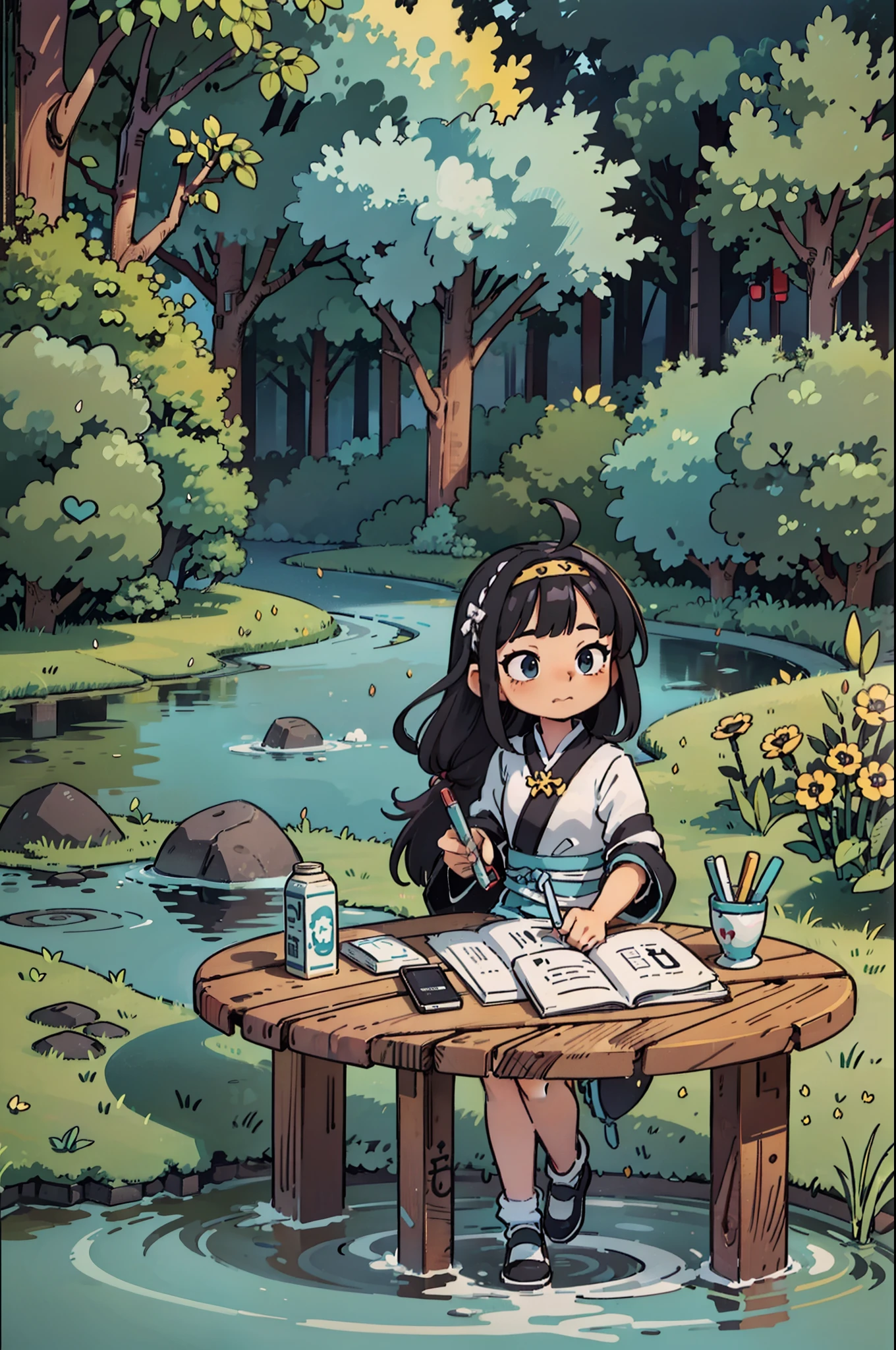 A cartoon girl is writing a book，In the background is a river, Middle Metaverse, Calligraphy outdoor table writing calligraphy 4K super clear super clear super detail epic stream side willow weeping willow，Black color hair，Black color hair，Chinese style clothes，Hanfu，Write calligraphy with a brush