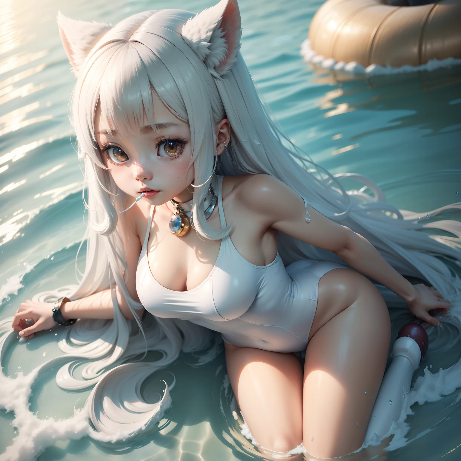 whaite hair, Kizi, Cute loli, 8k, super detail, swim wears, A white liquid flows from the mouth, Kneeling, beast ear