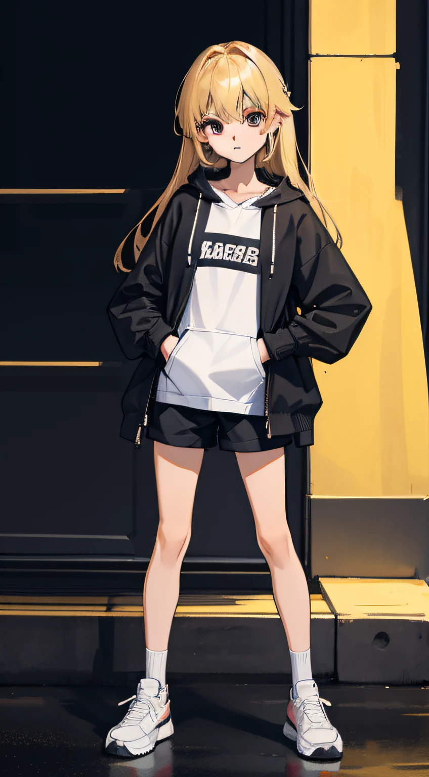 top-quality、masuter piece、超A high resolution、8k、clear contour、Top image quality、top-quality、white backgrounid、Looking at the camera、full body,total body,standing,upright stance、long blonde hair, eyes black, Wearing a black hoodie over a white shirt、I'm wearing black shorts、Black stockings and sneakers that reach below the knee,