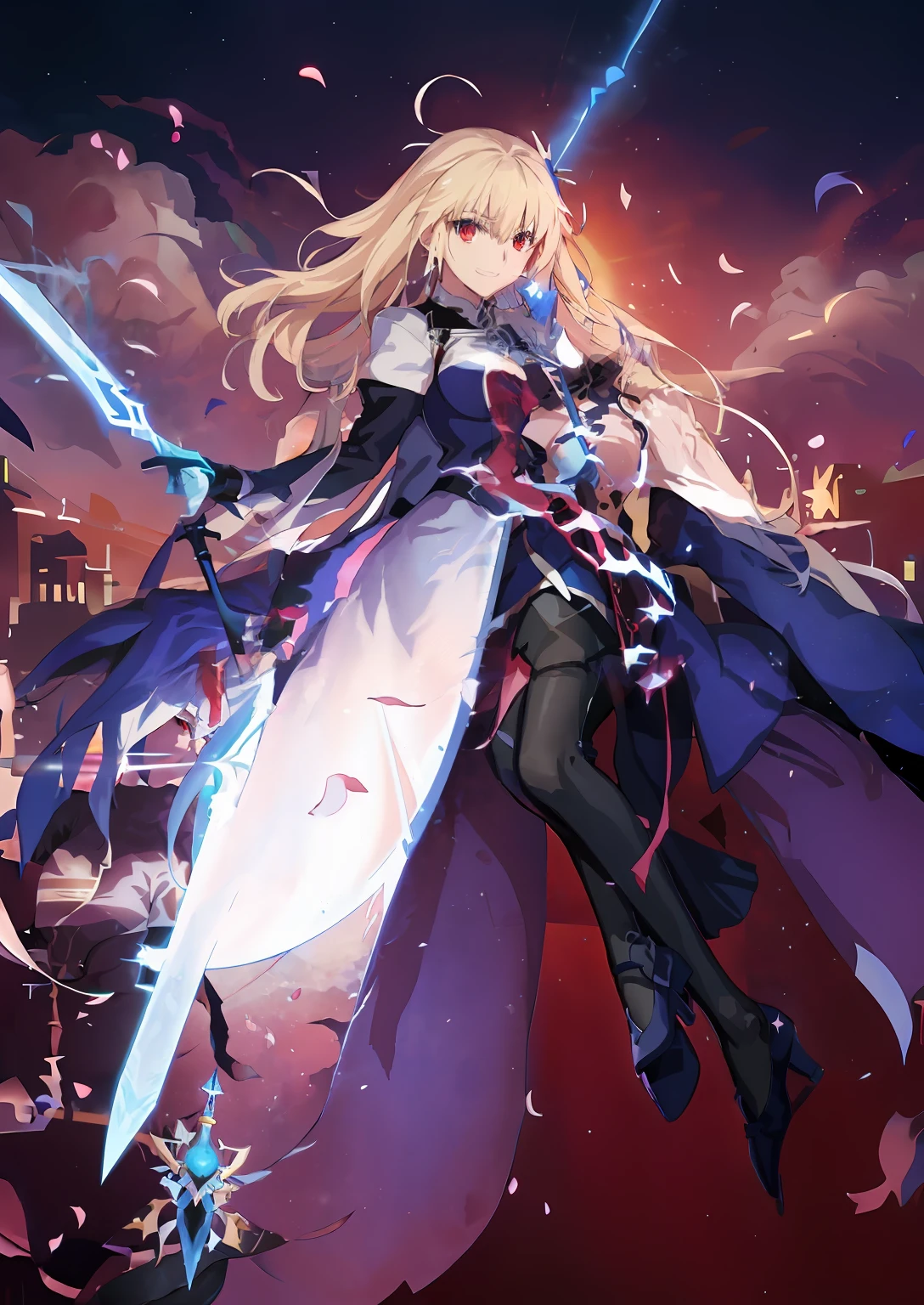 anime girl in a blue dress with a sword in her hand, anime style like fate/Stay Night, Gentle expression、anime goddess, Fate Grand Order, Smiled look、Soft look、made with anime painter studio, epic light novel art cover, ufotable art style, cushart krenz key art feminine, from the azur lane videogame, azur lane style, epic light novel cover art、Full body shot+shoe+Sitting、