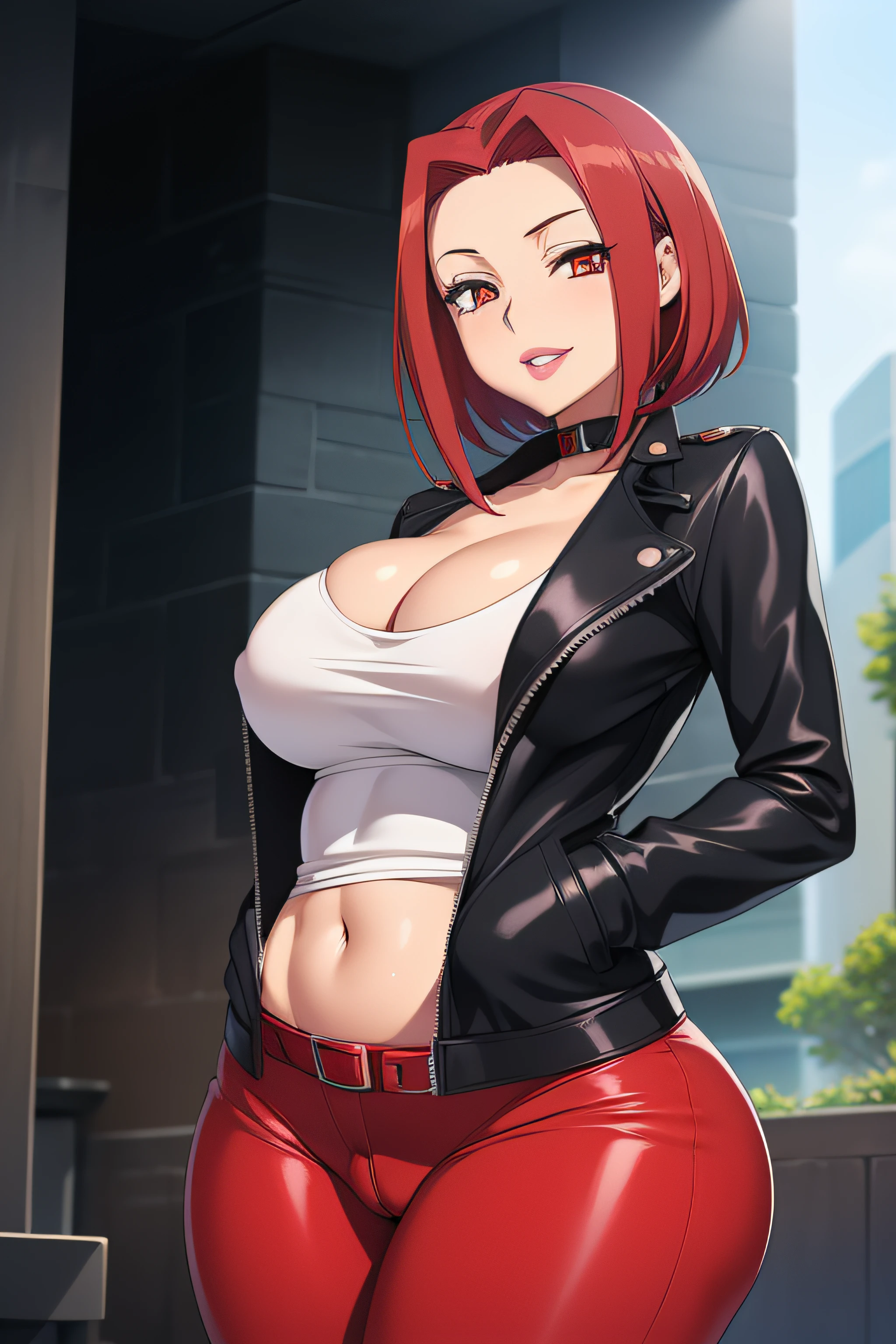 Code Geass, Kallen Stadfeldt 1girl, (((bimbo))), short red hair, puffy lips, painted lips, thick lips, wide hips, thick thighs, big breast, huge ass, revealing cleavage, erotic, Smile face, bubble butt, camel toe, Breasts, black leather jacket, white t shirt, blue jeans
