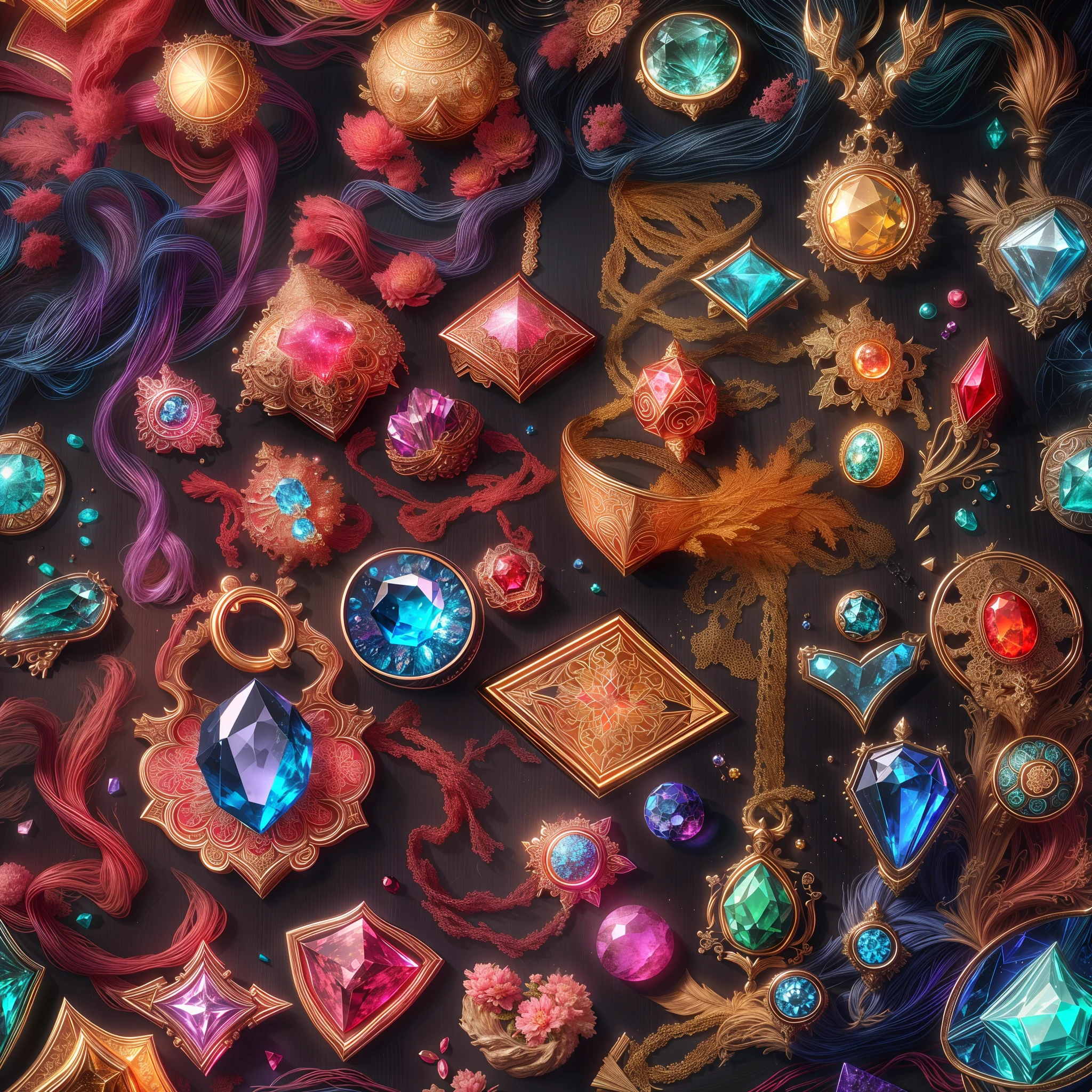 (food style: 1.2), (Full Focus: 2), (Everything in Display Cabinet: 1.3), (Magic Items | Colorful Gems | Cherry Blossoms | Printed Silk Products | Medals | Ores | Obsidian | Pearl | Emerald | White Jade | Amethyst | Sapphire | Gold Products | Silver Products | Purple Gold | Magical Jewelry | Antiques | Ruby | Orange Gem | Blue Gem | Topaz |: 2), Magic Symbols, Magic Particle Effects, High Tech Luxury, High Value Jewelry, High Value Metal, Luxury items, no puzzles, detailed and complex backgrounds, sparkling, reflective light, ultra high definition, award-winning, a high-resolution, high detail texture, contrast between light and dark, cinematic lighting, masterpieces, ray tracing, structurally correct, super details, high-quality, high detail, best quality, 16k