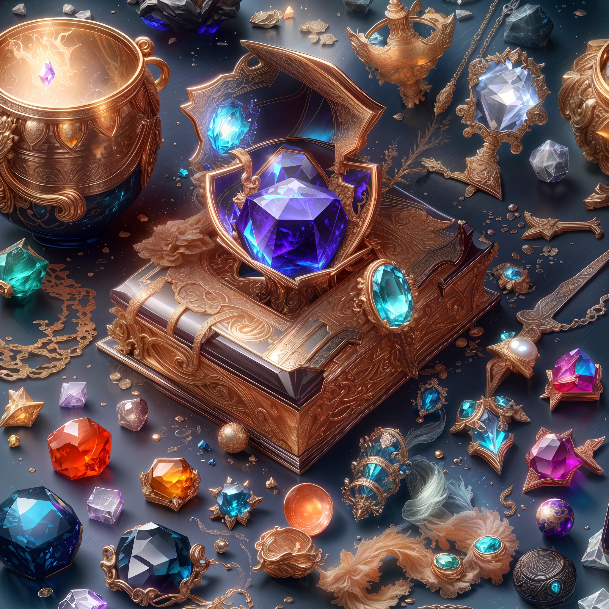 (food style: 1.2), (Full Focus: 2), (Everything in Display Cabinet: 1.3), (Magic Items | Colorful Gems | Cherry Blossoms | Printed Silk Products | Medals | Ores | Obsidian | Pearl | Emerald | White Jade | Amethyst | Sapphire | Gold Products | Silver Products | Purple Gold | Magical Jewelry | Antiques | Ruby | Orange Gem | Blue Gem | Topaz |: 2), Magic Symbols, Magic Particle Effects, High Tech Luxury, High Value Jewelry, High Value Metal, Luxury items, no puzzles, detailed and complex backgrounds, sparkling, reflective light, ultra high definition, award-winning, a high-resolution, high detail texture, contrast between light and dark, cinematic lighting, masterpieces, ray tracing, structurally correct, super details, high-quality, high detail, best quality, 16k