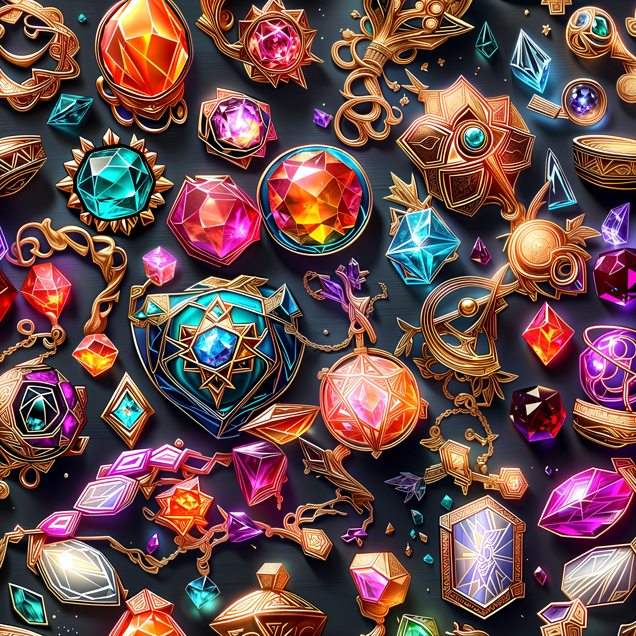 (food style: 1.2), (Full Focus: 2), (Everything in Display Cabinet: 1.3), (Magic Items | Colorful Gems | Cherry Blossoms | Printed Silk Products | Medals | Ores | Obsidian | Pearl | Emerald | White Jade | Amethyst | Sapphire | Gold Products | Silver Products | Purple Gold | Magical Jewelry | Antiques | Ruby | Orange Gem | Blue Gem | Topaz |: 2), Magic Symbols, Magic Particle Effects, High Tech Luxury, High Value Jewelry, High Value Metal, Luxury items, no puzzles, detailed and complex backgrounds, sparkling, reflective light, ultra high definition, award-winning, a high-resolution, high detail texture, contrast between light and dark, cinematic lighting, masterpieces, ray tracing, structurally correct, super details, high-quality, high detail, best quality, 16k
