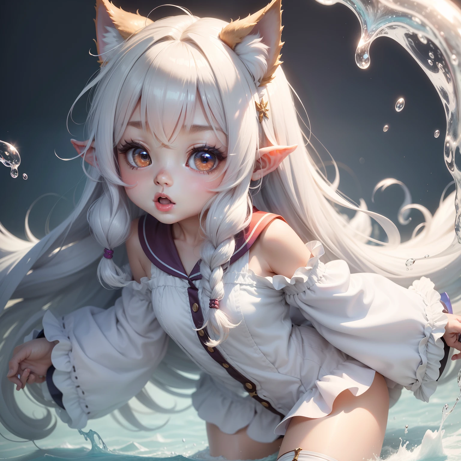 whaite hair, Kizi, Cute loli, 8k, super detail, A white liquid flows from the mouth, beast ear