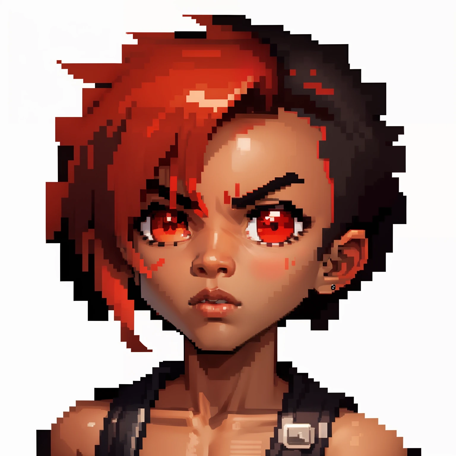 Pixel art, black skin young boy, one eye color red , red color hair, 2d, short hair, angry face, male