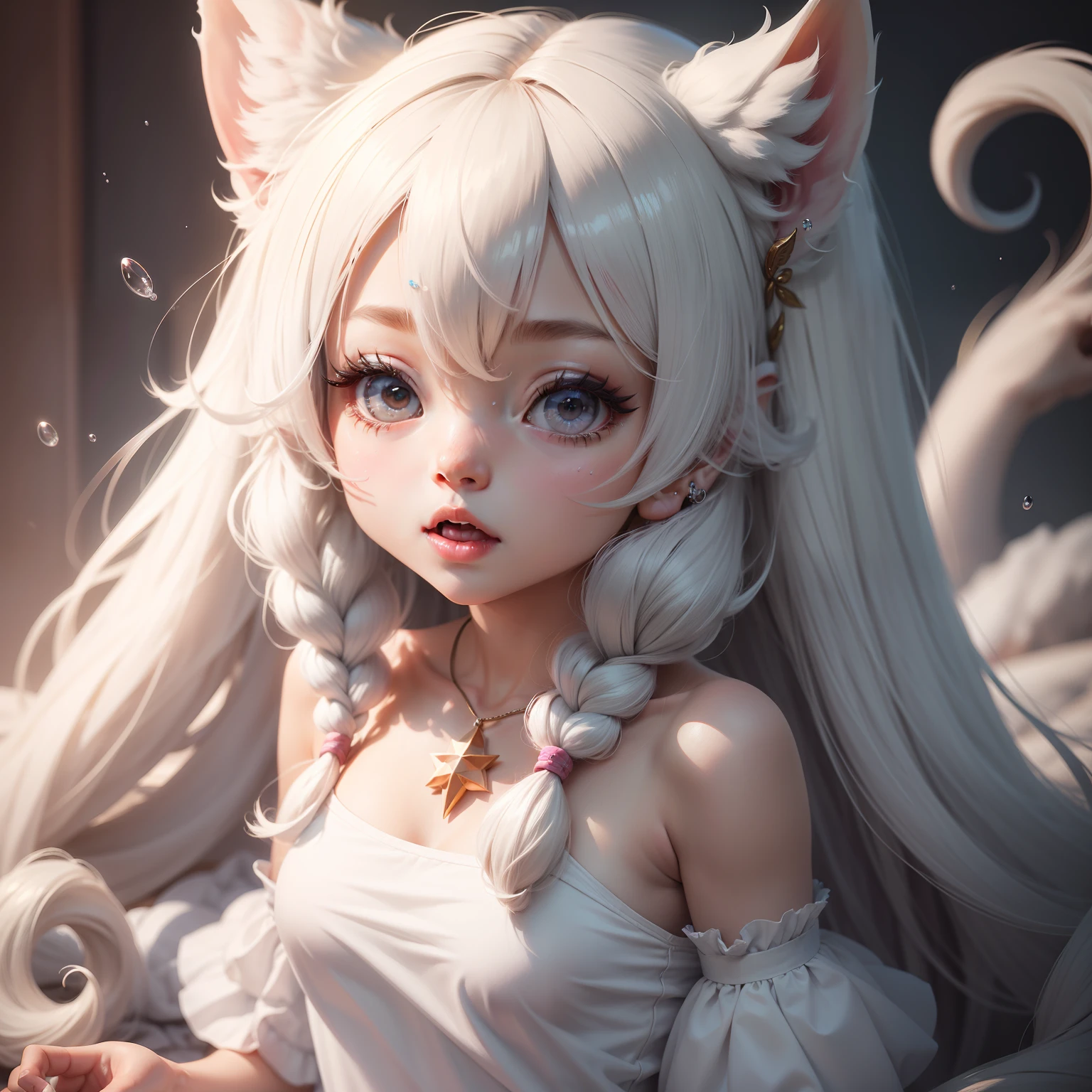 whaite hair, Kizi, Cute , 8k, super detail, A white liquid flows from the mouth, beast ear