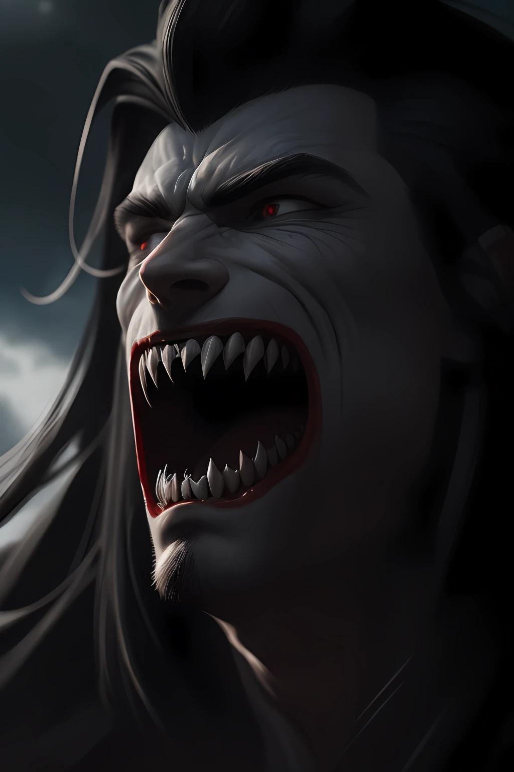 Handsome vampire ager,closeup cleavage,head portrait,Open your mouth,Bat teeth,long canine teeth,There is blood on the teeth,(There is blood at the corner of the mouth:1.3),long whitr hair,starryskybackground,swirles,depth of fields,dynamic blur,high light,Real light,Ray traching,oc rendered,Hyper-realistic,best qualtiy,8K,Works of masters,super-fine,Detailed pubic hair,Correct anatomy,sharp focus on eyes,Bokeh,Facial features are carefully depicted,The sky looks down,levitating,the space, --v 6