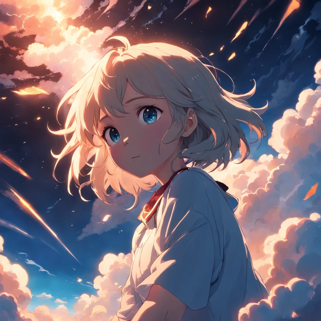 masterpiece, best quality, movie still, 1girl, cloud girl, floating in the sky, close-up, bright, happy, warm soft lighting, sunset, (sparks:0.7)