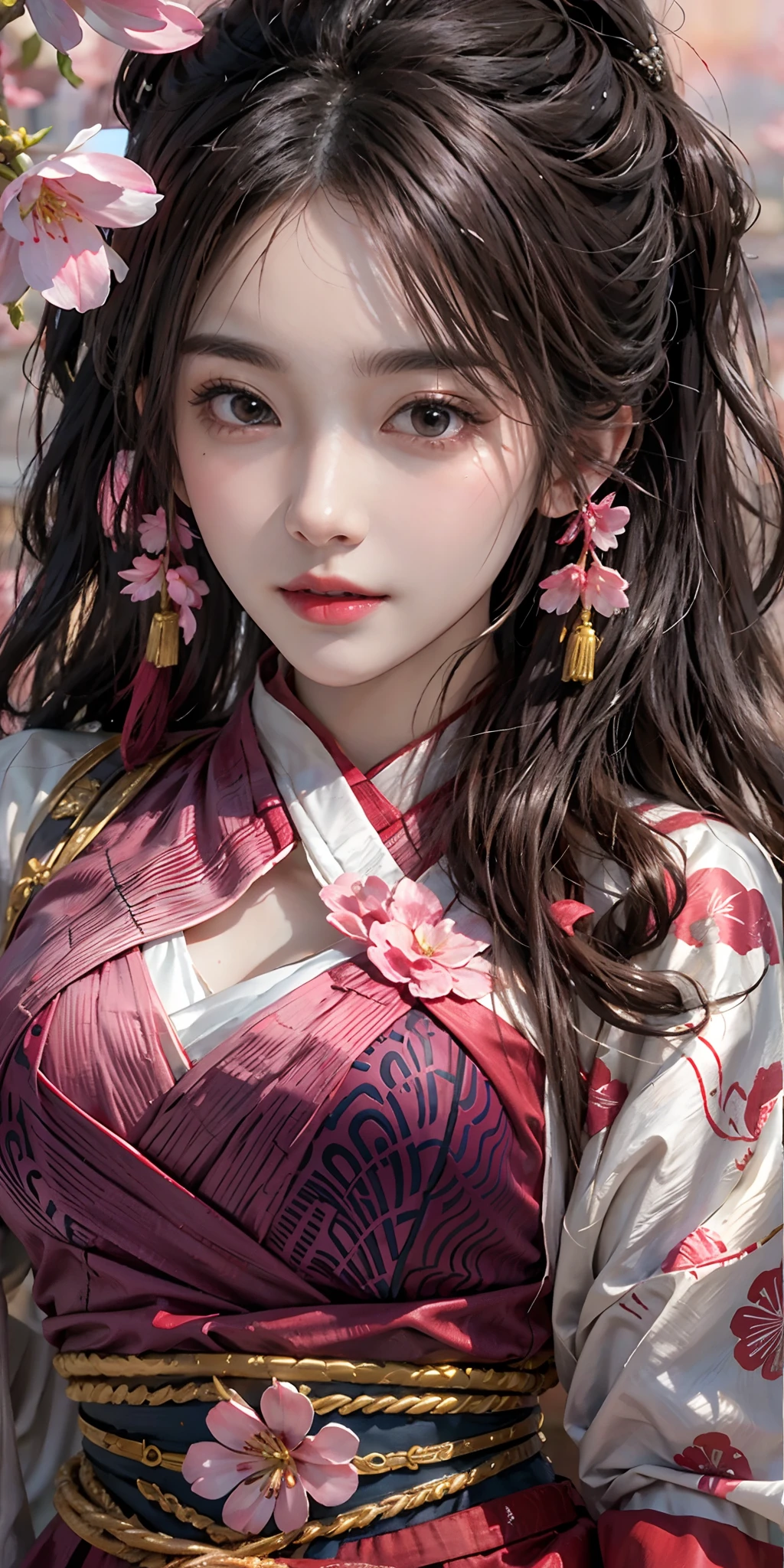 ((Best Quality)), ((Masterpiece)), (Detail: 1.4), 3D, Beautiful Cyberpunk Female Image, HDR (High Dynamic Range), Ray Tracing, NVIDIA RTX, Super Resolution, Unreal 5, Subsurface Scattering, PBR Texture, Post-Processing, Anisotropic Filtering, Depth of Field, Maximum Sharpness and Sharpness, Multi-layer Texture, Albedo and Highlight Mapping, Surface Coloring, Mitsu-Accurate Simulation of Material Interactions, Perfect Proportions, Octane Rendering, Two-color Light, Large Aperture, Low ISO, white balance, regular three-point, 8K RAW, beautiful bright pupils, flowing robe, fine pupils, delicate face and eyes, long eyelashes, blush, fluffy hair, pink lips, pure, cute, cherry blossom petals falling, butterfly