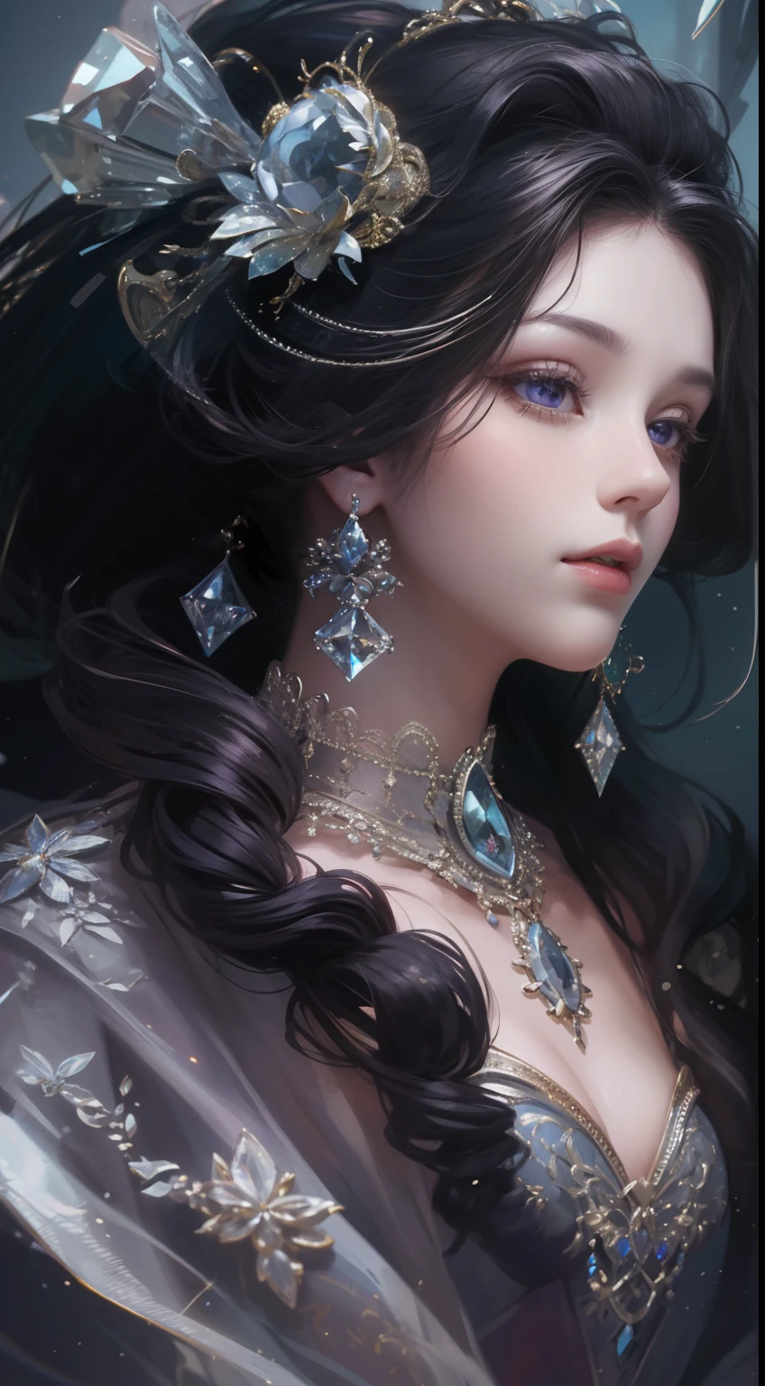 tmasterpiece，Highest high resolution，Dynamic bust of beautiful aristocratic maiden，Black hair elegantly coiled，Purple clear eyes，The hair is covered with beautiful and delicate floral craftsmanship, Crystal jewelry filigree，Ultra-detailed details，upscaled。