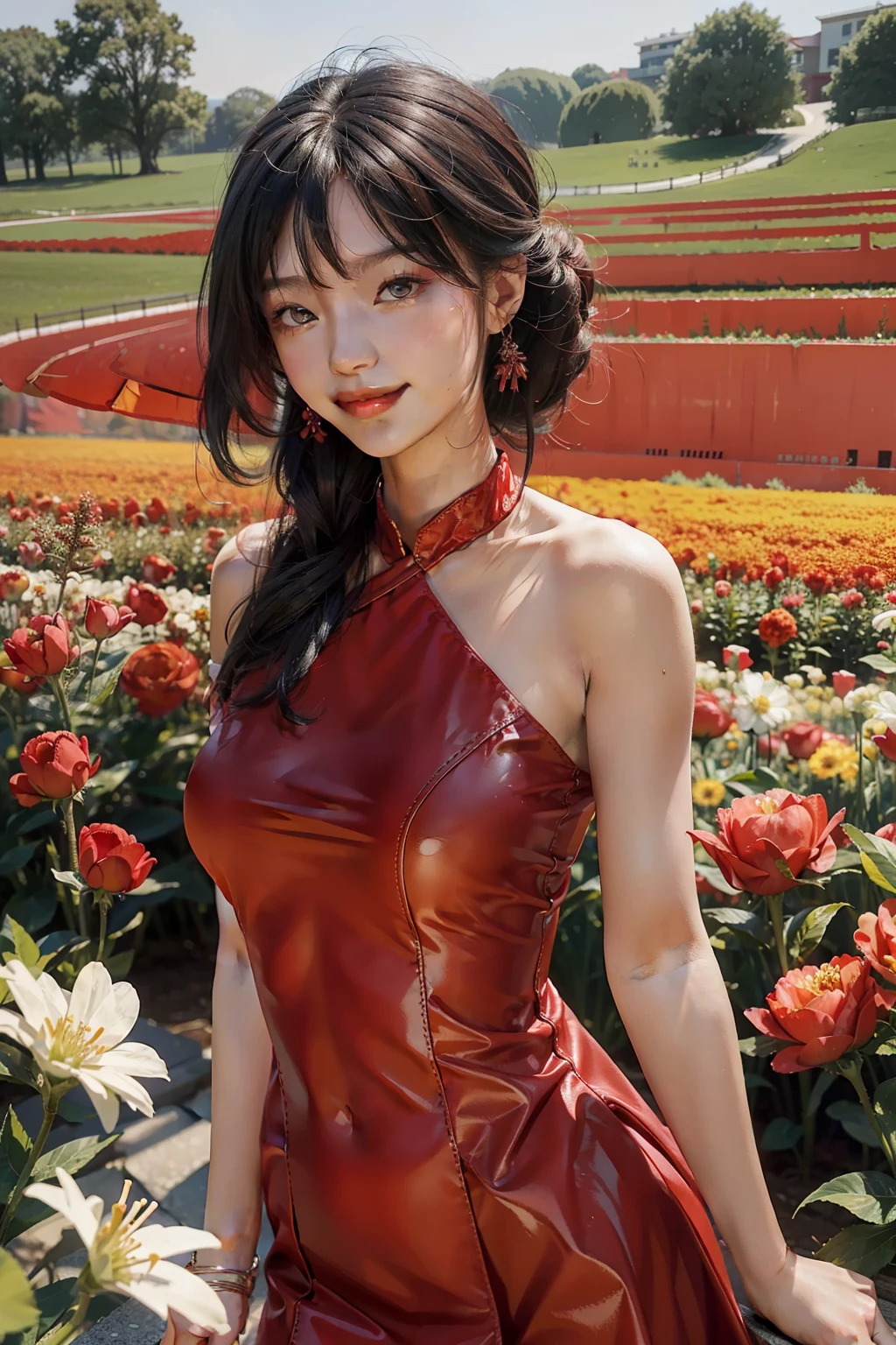 best qualtiy，tmasterpiece，超高分辨率，（真实感：1.4），RAW photogr，2girl，red dress，cropped shoulders，huge tit，blooming flower field，Glowing skin，Light smile