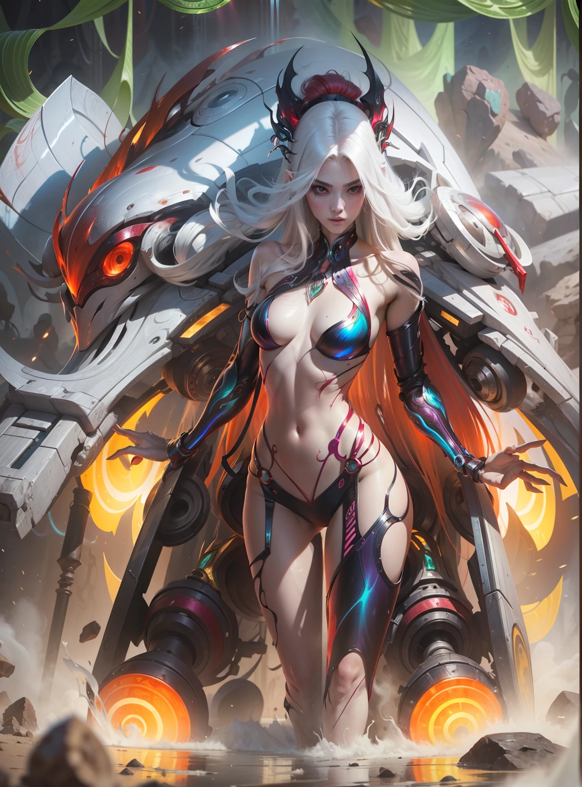 Masterpiece, Best Quality, Girls, Slender, Red Eyes, Hair Color, Iridescent, Long Hair Spreading, White Skin, Medium, Cute, Sexy, Near Future, Bikini, Exposed Skin, Night, Psychedelic, Trip, Extreme Color, Paisley Theme, Open Legs, Mechanical Left Arm, Full Body