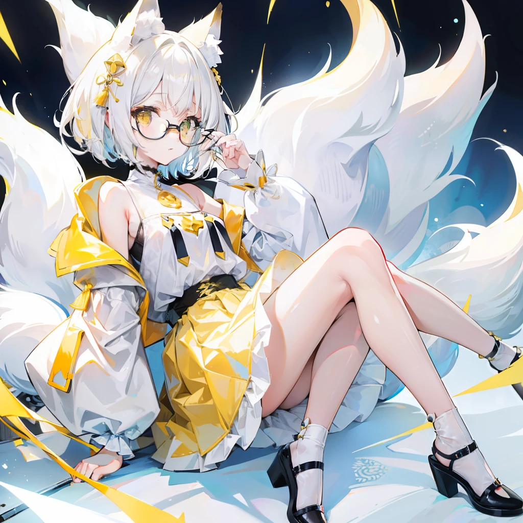 Short hair with fluffy light yellow，Wear a puffy skirt with white and yellow，It has yellow fox ears，Very thick-rimmed glasses with black，Wearing knee-length white silk，It's a cute li girl