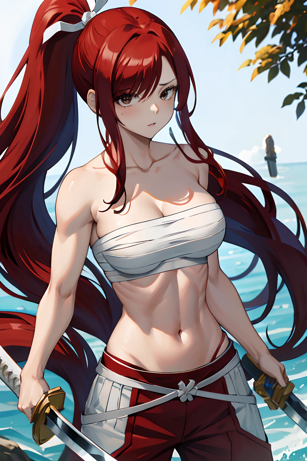 masterpiece, best quality, highres, fairy tail, 1girl, long hair, red hair, ponytail, white ribbon, hair over one eye, brown eyes, large breasts, collarbone, chest sarashi, bandage, bare arms, midriff, red hakama, red pants, standing, holding weapon, sword, katana, outdoors,