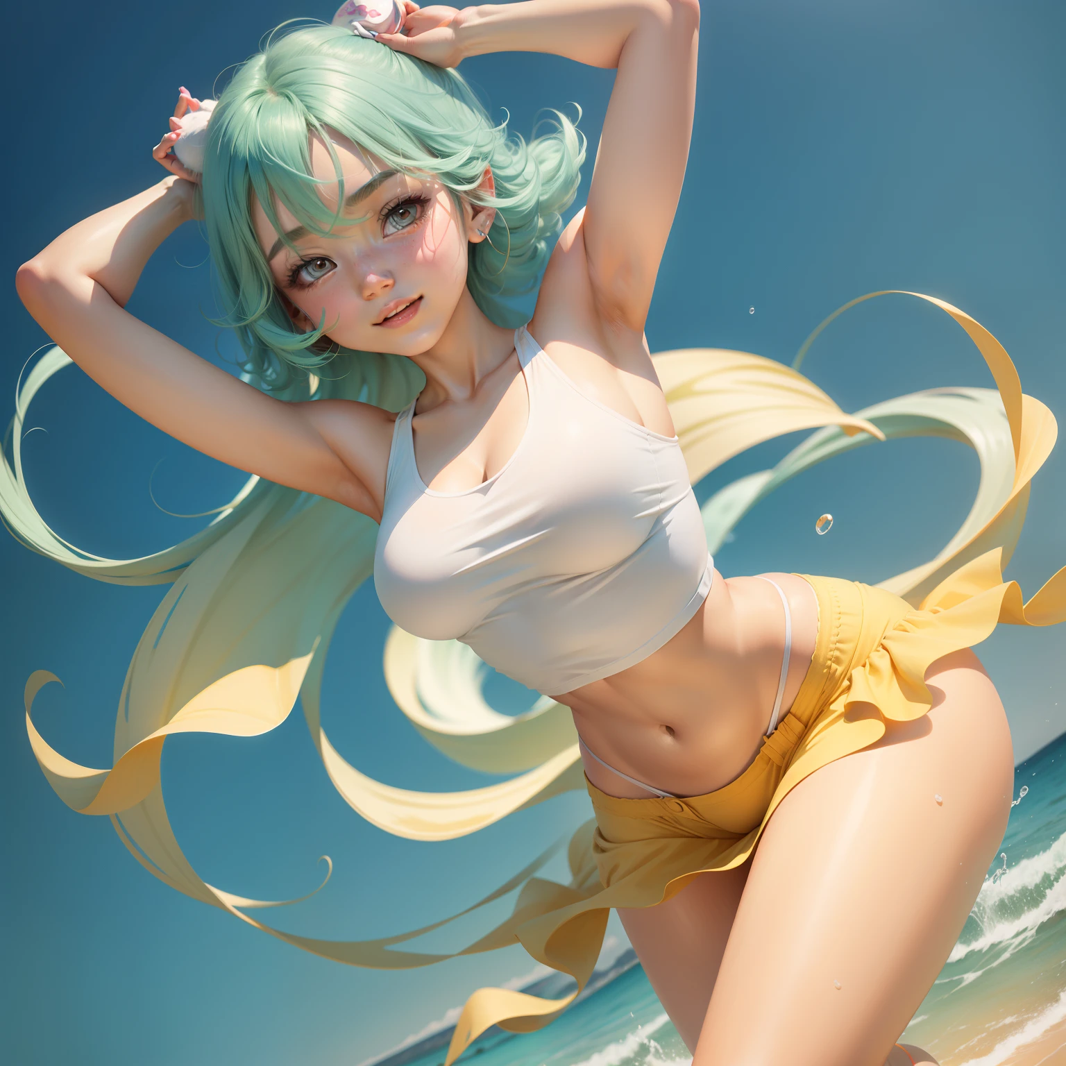 cartoonish style, Cute female character, Relaxed and pleasant expression, Stylish styling, Natural skin texture, Bright lighting effects, pastelcolor, Vivid lines, Lively gesture, Milk-revealing design。