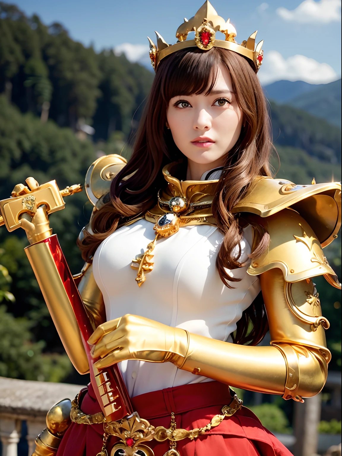 Professional , masterpiece、top-quality、photos realistic , depth of fields (Gemstone Silver Metal Body:1.9),(Matte yellow、Jewel Gold Weapon、(Gorgeous castle background)、(Jewel Metal Body:1.4),(Gorgeous Jewel Metal Weapons) , (Detailed Sword of the Brave) ,( ) ,warhammer 40k , adepta sororitas,Detail and ornate jewel crown、Brown hair、(Gangle's forest background)、1a person、dynamic ungle,(((Diamond tiara with detail and luxury)))、a small face、A smile、Powerful poses、(Gorgeous castle background)、huge filesize、20 year old beautiful woman、Stand in the center of the screen、Thin female fingers、Straight long hair、Beautiful Caucasian beauty、Mystical expression、Lightly open your mouth、,Luminescent particles,light scattering,Tindall Effect