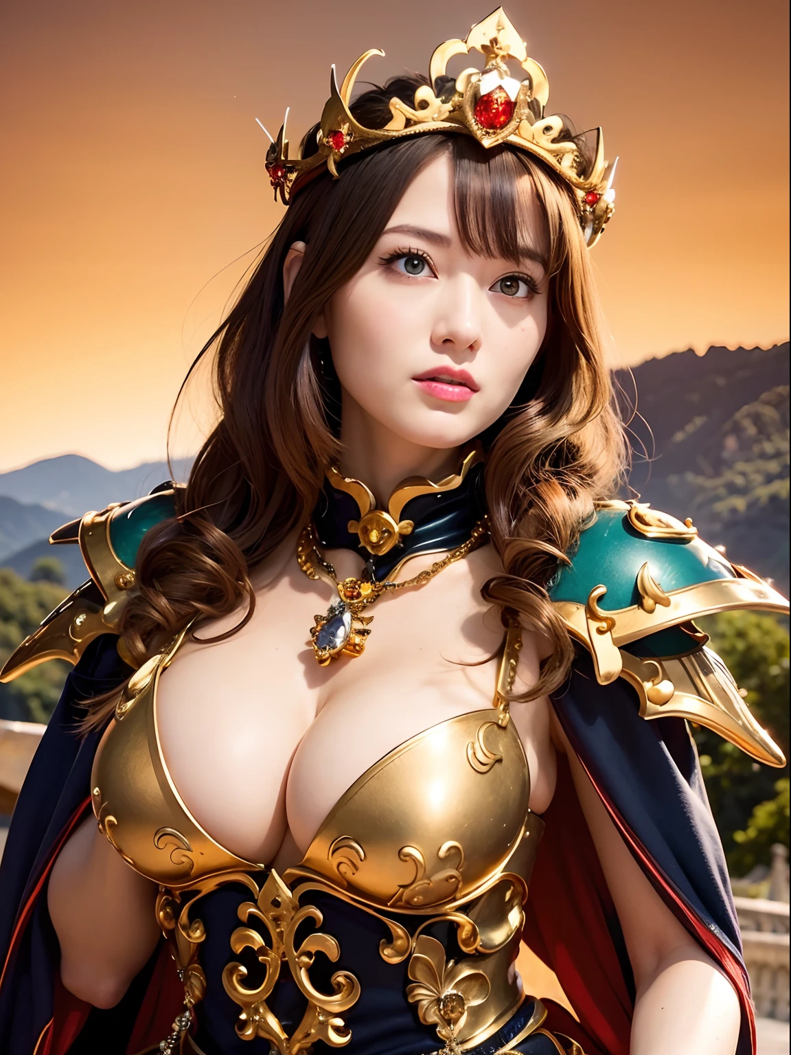 (masutepiece), Professional , ​masterpiece、top-quality、photos realistic , depth of fields （Gemstone Silver Metal Body:1.９),(Matte yellow、Jewel Gold Weapon、（Gorgeous castle background）、（Jewel Metal Body:1.４),Gorgeous Jewel Metal Weapons , Detailed Sword of the Brave ,（ Soldier background in metal armor）   ,warhammer 40k , adepta sororitas,Detail and ornate jewel crown、独奏、Brown hair、（Gangle's forest background）、Beautiful Caucasian beauty、１a person、dynamic ungle,(((Diamond tiara with detail and luxury)))、a small face、A smile、Powerful poses、（Gorgeous castle background）、huge filesize、20 year old beautiful woman、Stand in the center of the screen、Thin female fingers、Straight long hair、Beautiful Caucasian beauty、