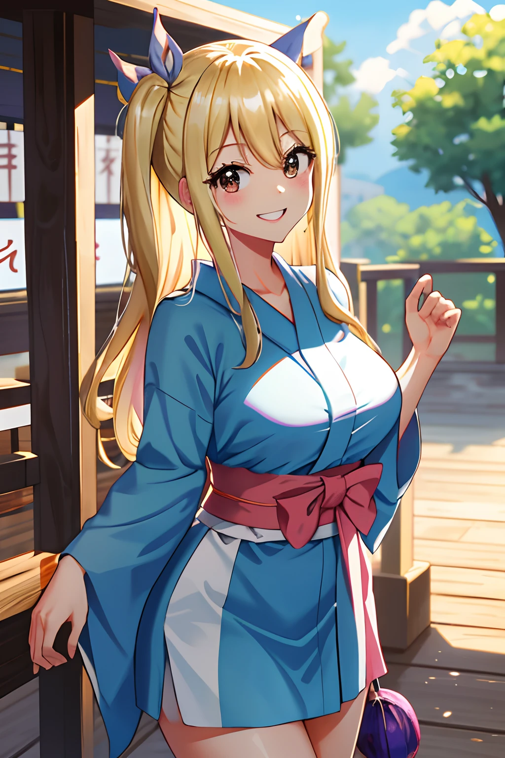 (masterpiece:1.1), (highest quality:1.1), (HDR:1.0), (1girl), absurdres, cute, yoimiyadef, anime screencap, video game character, clean lighting, (outdoor garden), blonde hair, high up, hair ornament, japanese clothes, off shoulder, cleavage, sweaty, embarrassed, sexy, bare thighs,