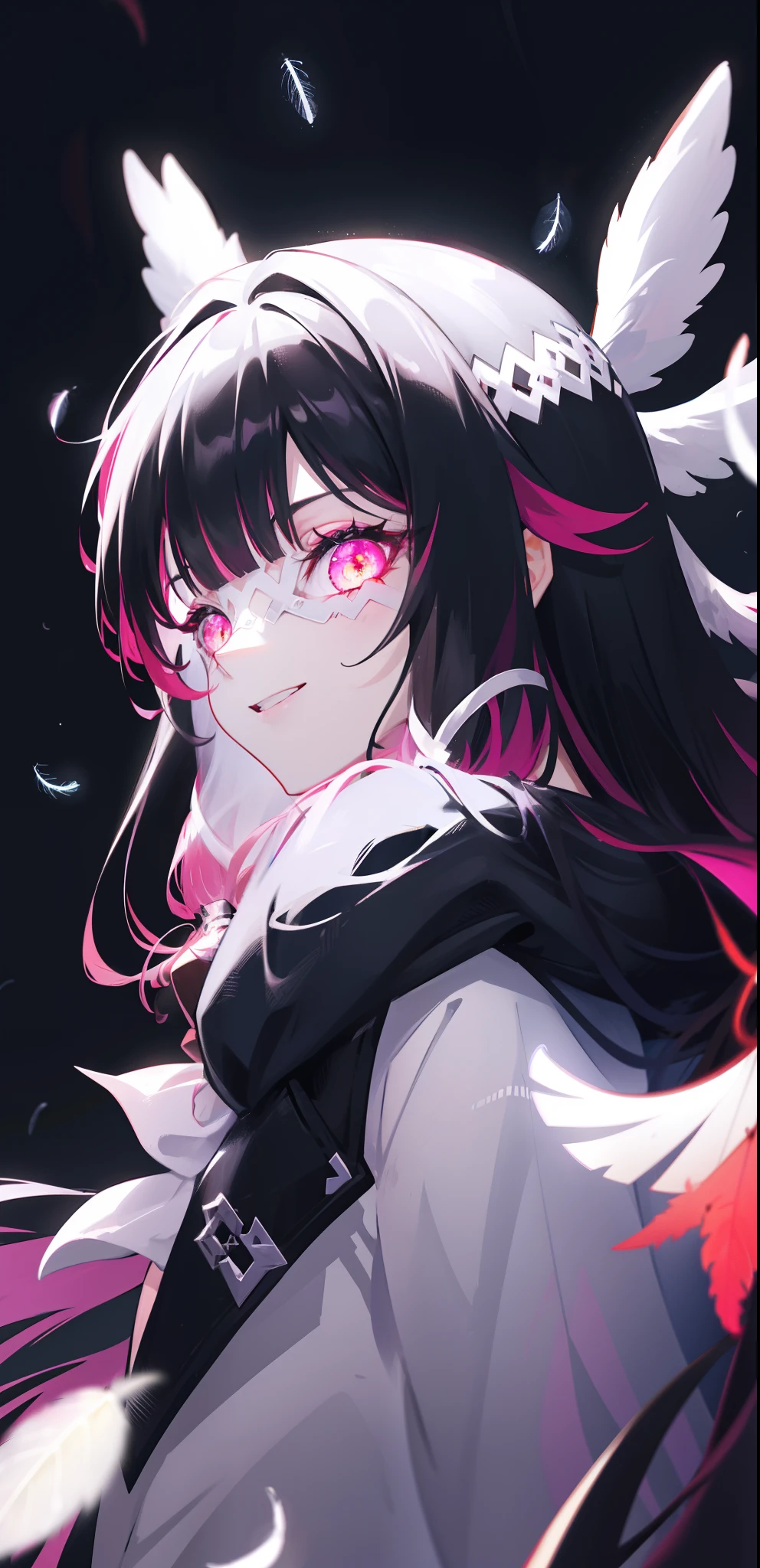 1girl, long hair, black hair, red hair, solo, open eyes, eye_mask, head wings, hair ornament, blunt bangs, light blue spotlight shining down, feathers, dark, falling feathers, evil, mysterious, black background, wind, smiling, jacket, top down view, view from above, bright neon pink eyes, looking at viewer, insane expression, crazy, glowing eyes,