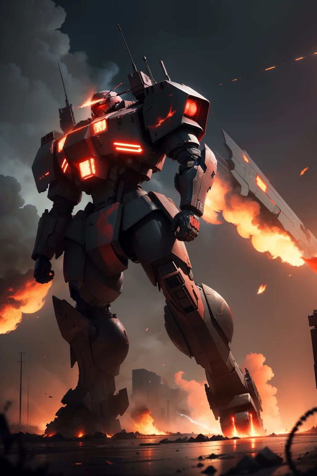 The background is night，Huge armored robots，The flames of war stained the sky red，War is very brutal，There were a lot of dead and wounded