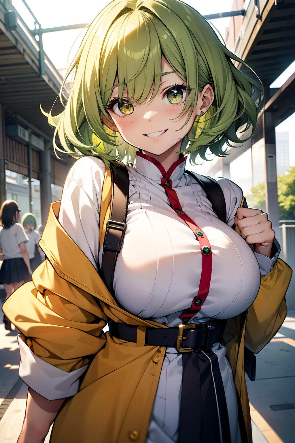 a beauty girl,Mixed yellow-green and yellow hair,Short hair and wavy、,Gentle drooping eyes,large full breasts、校服,Manga style,fulcolor,hi-school girl,Bright smile,Big smile、Childlike smile、innocent smiles