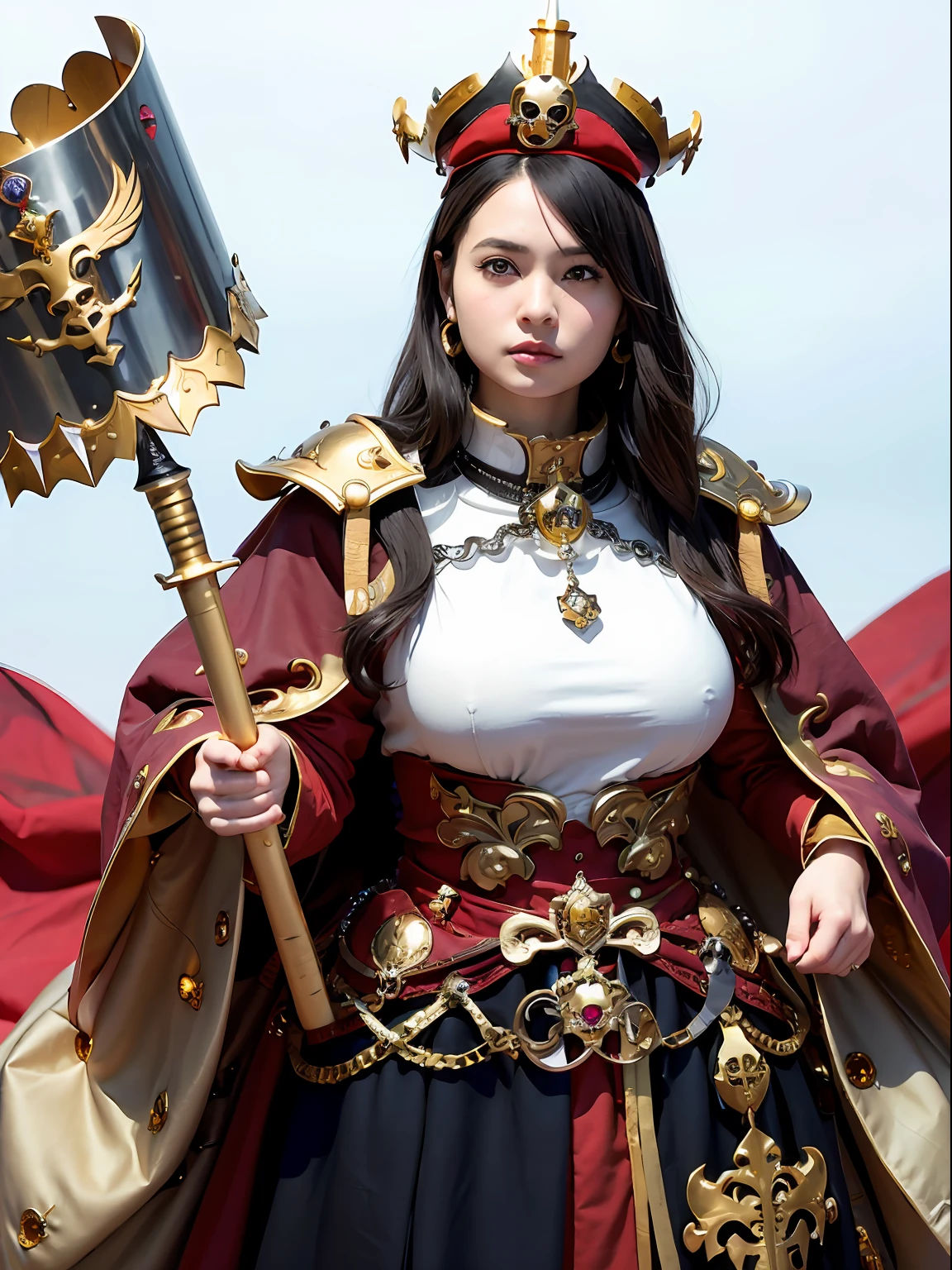 (masutepiece), Professional , masterpiece、top-quality、photos realistic , depth of fields (Gemstone Silver Metal Body:1.9),(Matte White、(Put on a pirate hat)、Jewel Gold Weapon(Jewel Metal Body:1.4),Gorgeous metal weapons , Detailed Sword of the Brave , Beautiful knife ,warhammer 40k , The port town、adepta sororitas,Detail and ornate jewel crown、Black hair、Gangle's forest background、Beautiful Caucasian beauty、1a person、dynamic ungle,(((Detailed and ornate diamond crown)))、Smaller head、A smile、Take a sexy pose、Background inside the castle、Thin and beautiful female hands、cleavage of the breast、Soldier in iron armor on background、Soldier in iron armor on background、