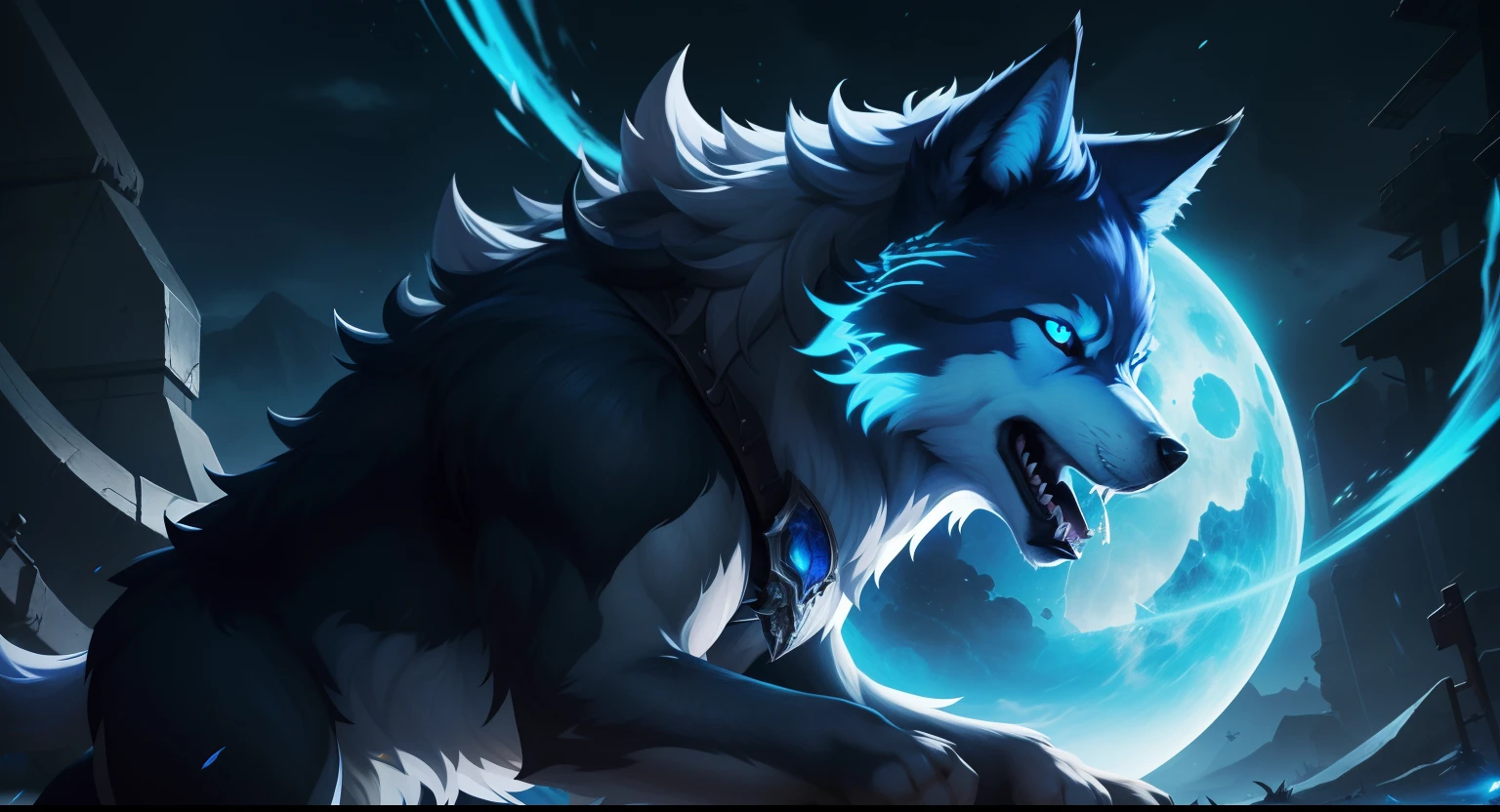 Blue Wolf in anime style，A wolf looked fiercely at the camera，There is a glowing sphere in the background, Mobile game art, background artwork, Detailed game art, koda kazuma, high detailed official artwork, Official artwork, Game art, Mobile game background, Game illustration, arte de fundo, wolf o'donnell, amazing wallpapers, Game art!!, Official Splash Art, ultra detailed game art, fenrir