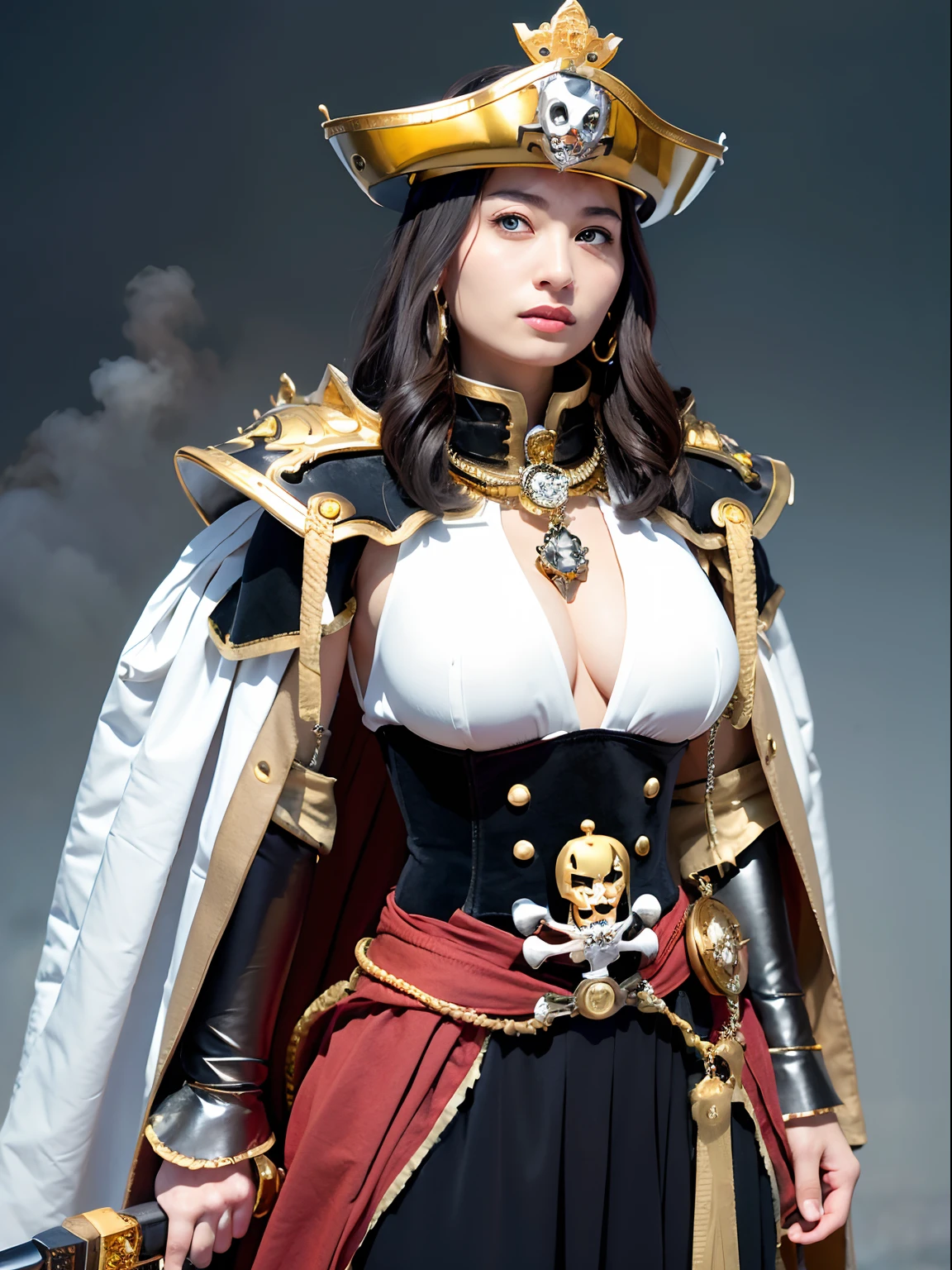 (masutepiece), Professional , masterpiece、top-quality、photos realistic , depth of fields (Gemstone Silver Metal Body:1.9),(Matte White、(Put on a pirate hat)、Jewel Gold Weapon(Jewel Metal Body:1.4),Gorgeous metal weapons , Detailed Sword of the Brave , Beautiful knife ,warhammer 40k , The port town、adepta sororitas,Detail and ornate jewel crown、Black hair、Gangle's forest background、Beautiful Caucasian beauty、1a person、dynamic ungle,(((Detailed and ornate diamond crown)))、Smaller head、A smile、Take a sexy pose、Background inside the castle、Thin and beautiful female hands、cleavage of the breast、Soldier in iron armor on background、Soldier in iron armor on background、