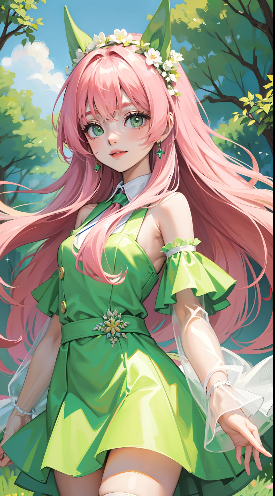 young girl, long pink hair, Green eyes, Green Light Dress, ssmile, Masterpiece, hiquality