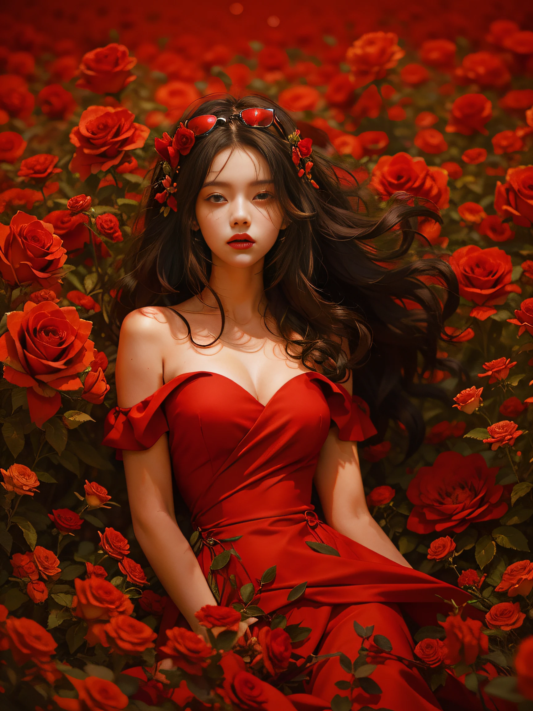 Wearing a red dress《One Piece》Nicole Robin is surrounded by roses, black long curly hair，No bangs in the middle distribution，Sunglasses on your head hold your hair，in a red dream world, in red background, rich red colors, vibrant red colors, Extremely colorful，red tint, red mood in background, falling red petals, Very red, Woman in red dress, Hot body，red colour, red colour, Red atmosphere, Red theme, beautiful gorgeous digital art, red tint